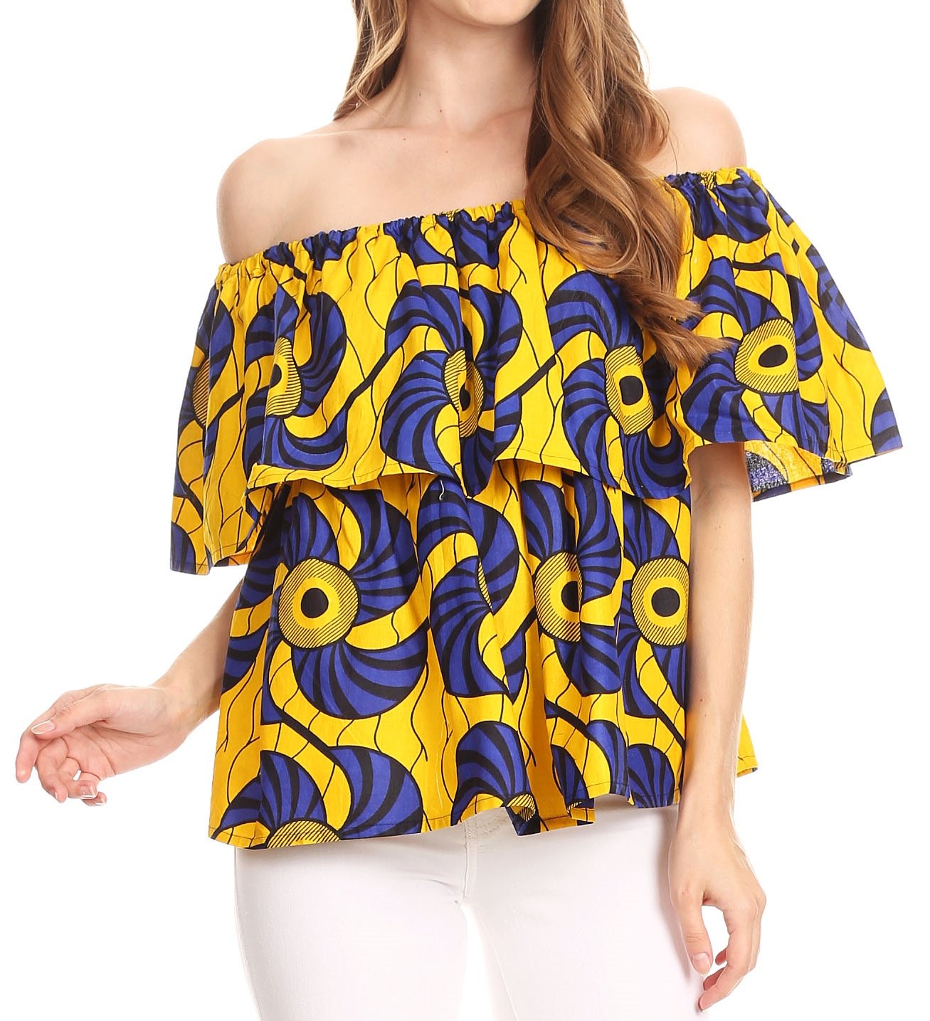 Sakkas Imani Colorful Wax African Ankara Dutch Off-shoulder Blouse Top Gorgeous - Concordia Style Boutique