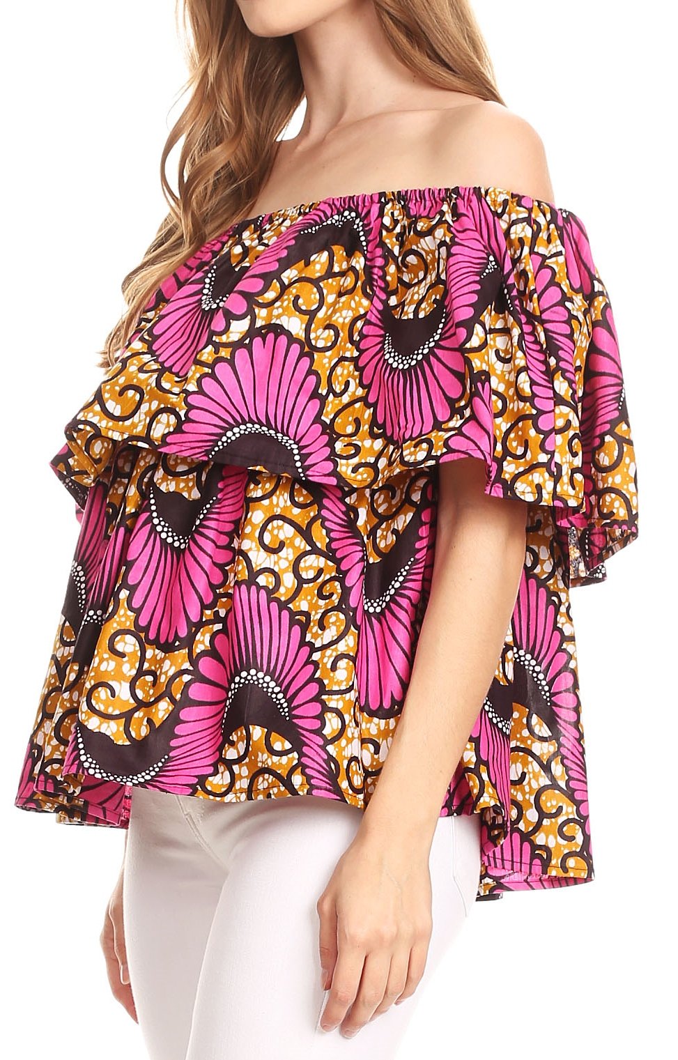 Sakkas Imani Colorful Wax African Ankara Dutch Off-shoulder Blouse Top Gorgeous - Concordia Style Boutique