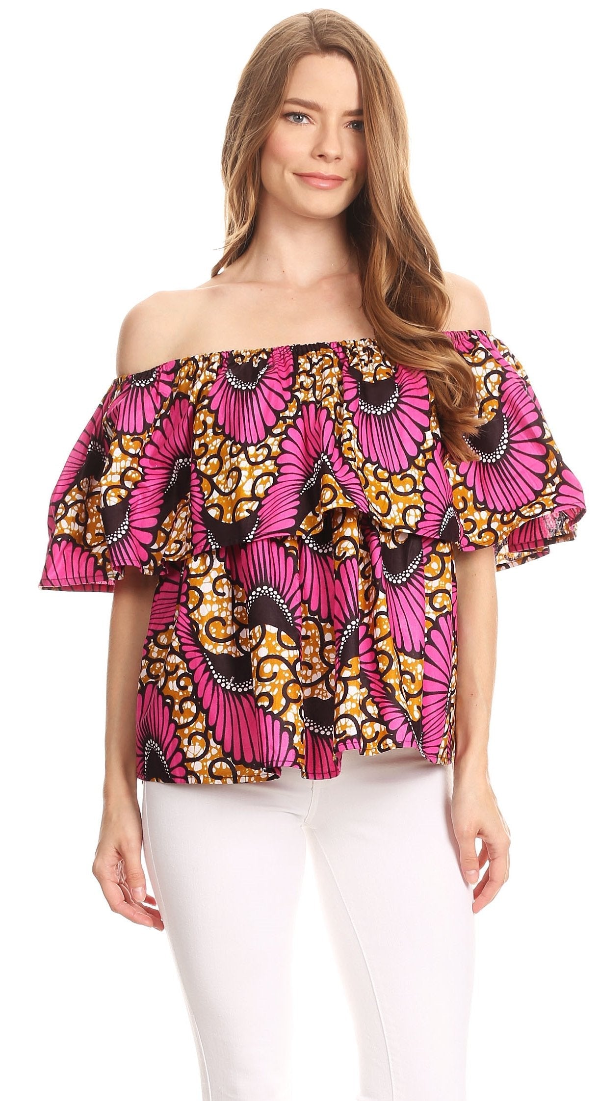 Sakkas Imani Colorful Wax African Ankara Dutch Off-shoulder Blouse Top Gorgeous - Concordia Style Boutique