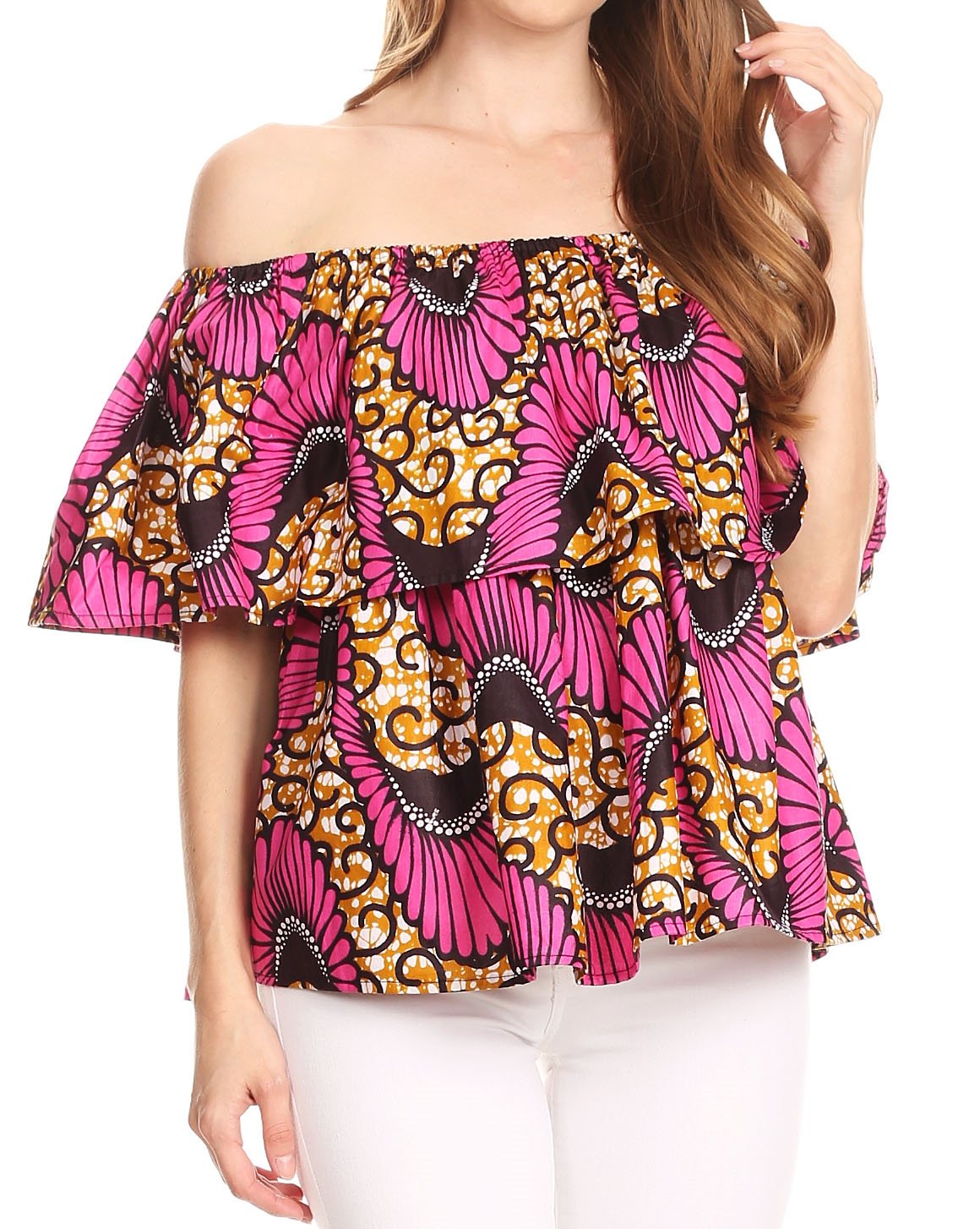 Sakkas Imani Colorful Wax African Ankara Dutch Off-shoulder Blouse Top Gorgeous - Concordia Style Boutique