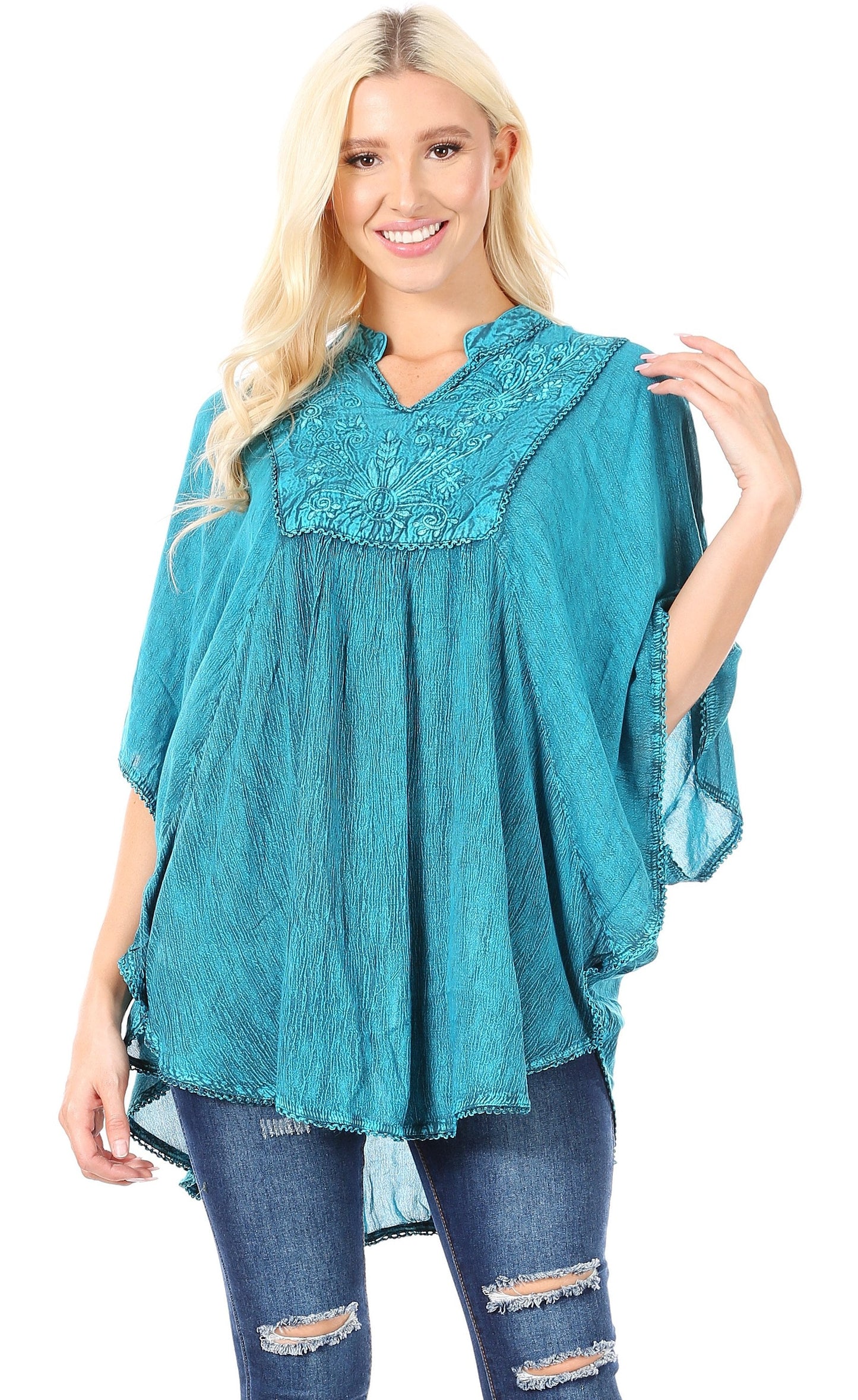 Sakkas Amori V-Neck Embroidery Poncho Top / Cover Up - Concordia Style Boutique