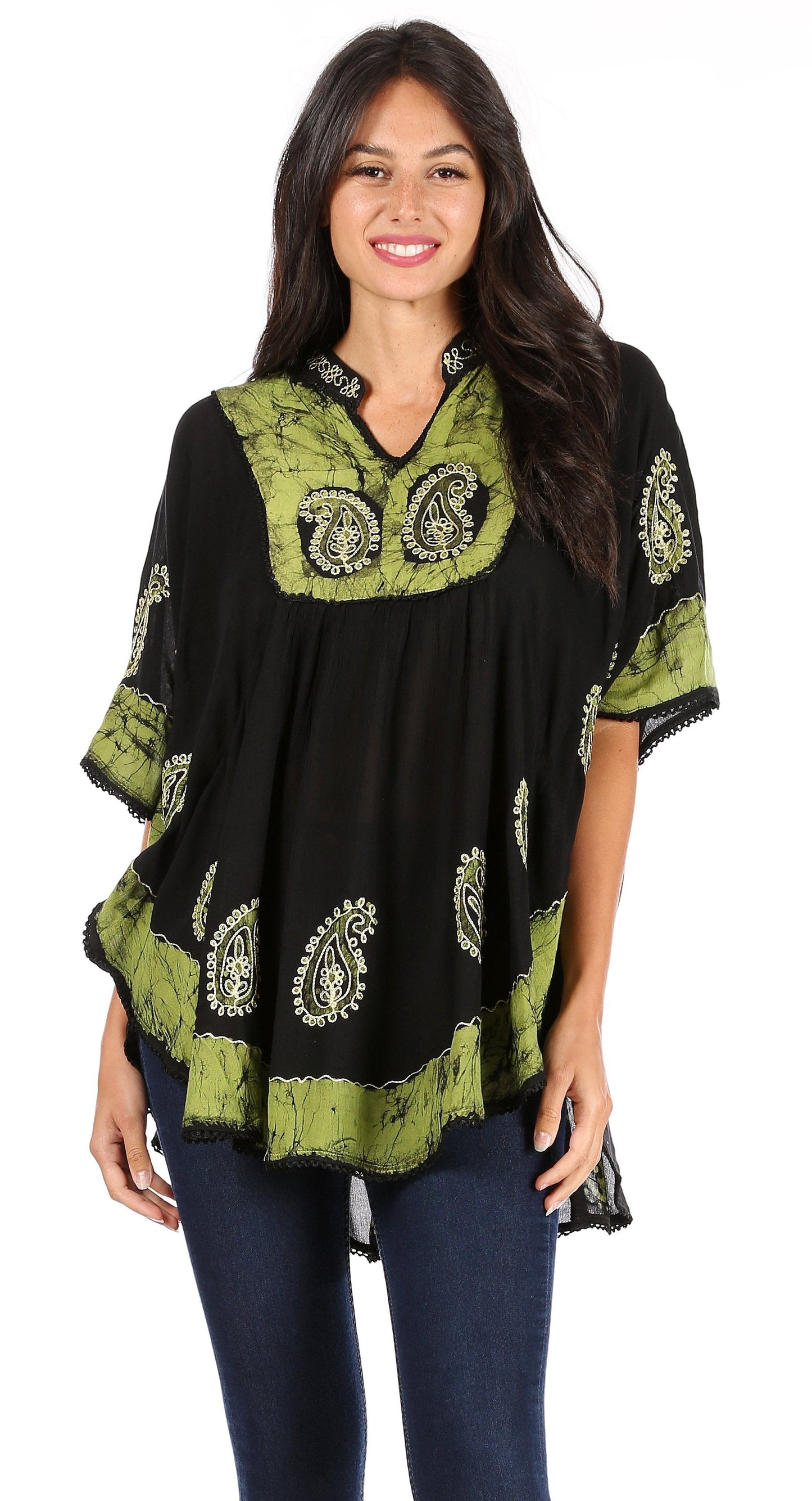 Sakkas Amori V-Neck Embroidery Poncho Top / Cover Up - Concordia Style Boutique