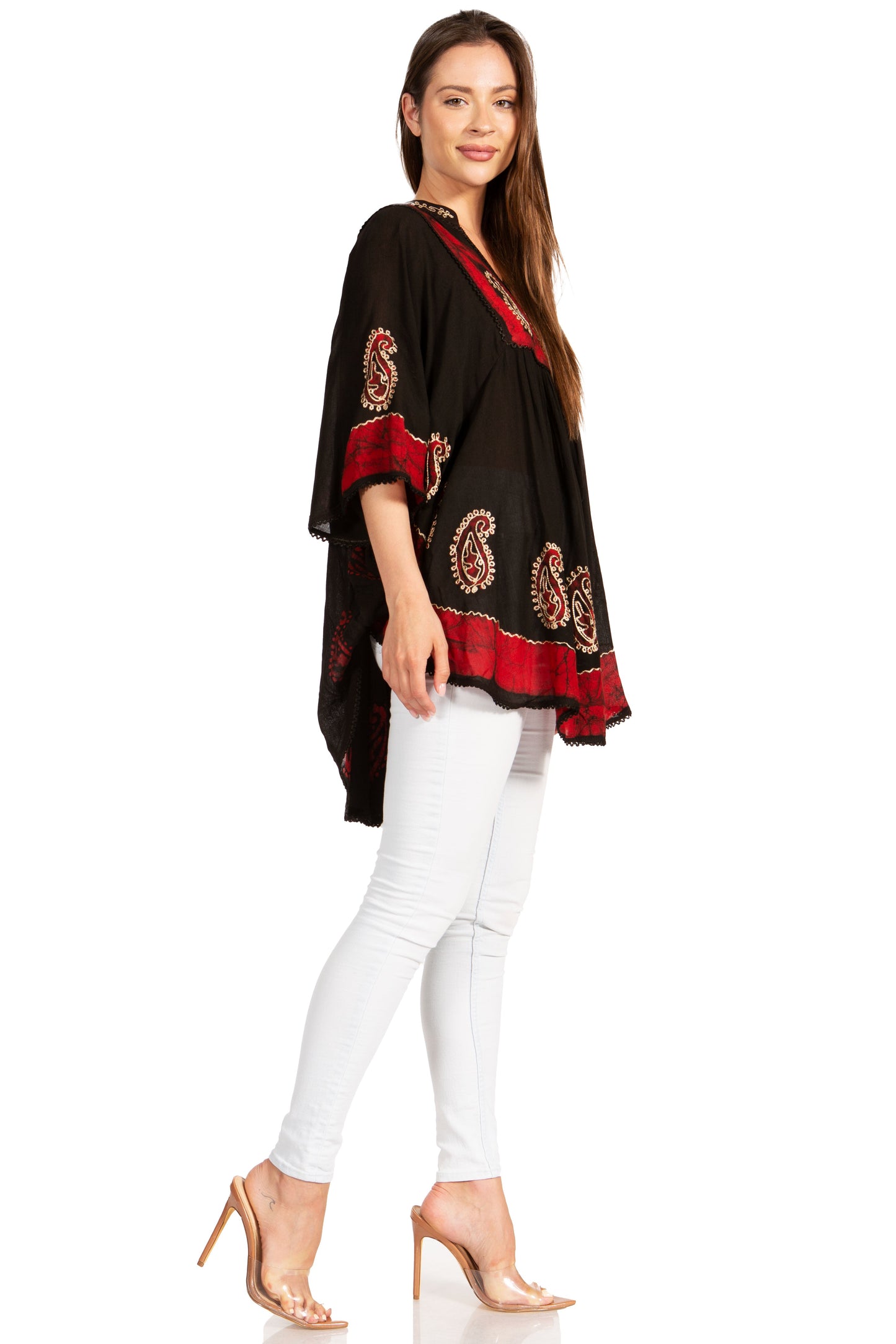 Sakkas Amori V-Neck Embroidery Poncho Top / Cover Up - Concordia Style Boutique
