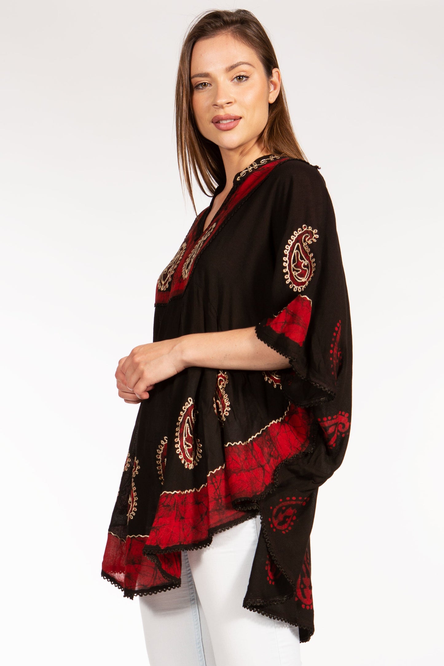 Sakkas Amori V-Neck Embroidery Poncho Top / Cover Up - Concordia Style Boutique
