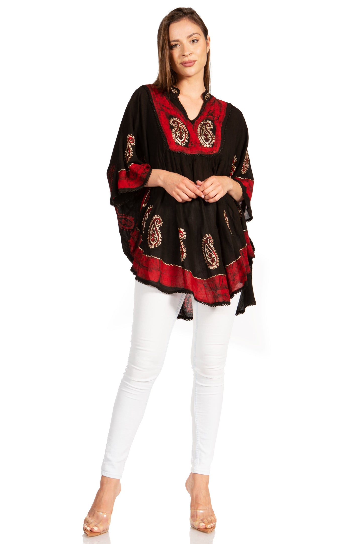 Sakkas Amori V-Neck Embroidery Poncho Top / Cover Up - Concordia Style Boutique