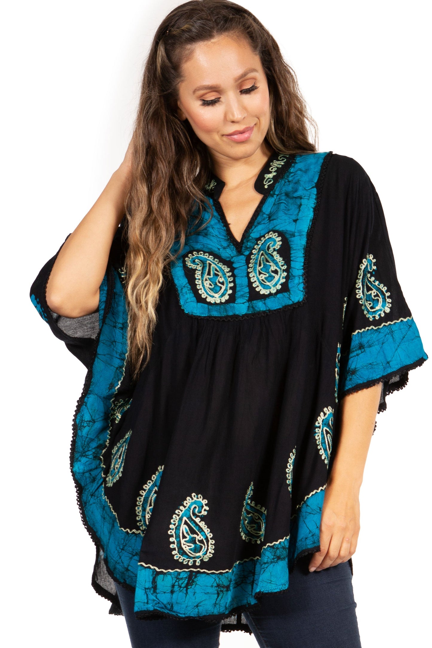 Sakkas Amori V-Neck Embroidery Poncho Top / Cover Up - Concordia Style Boutique