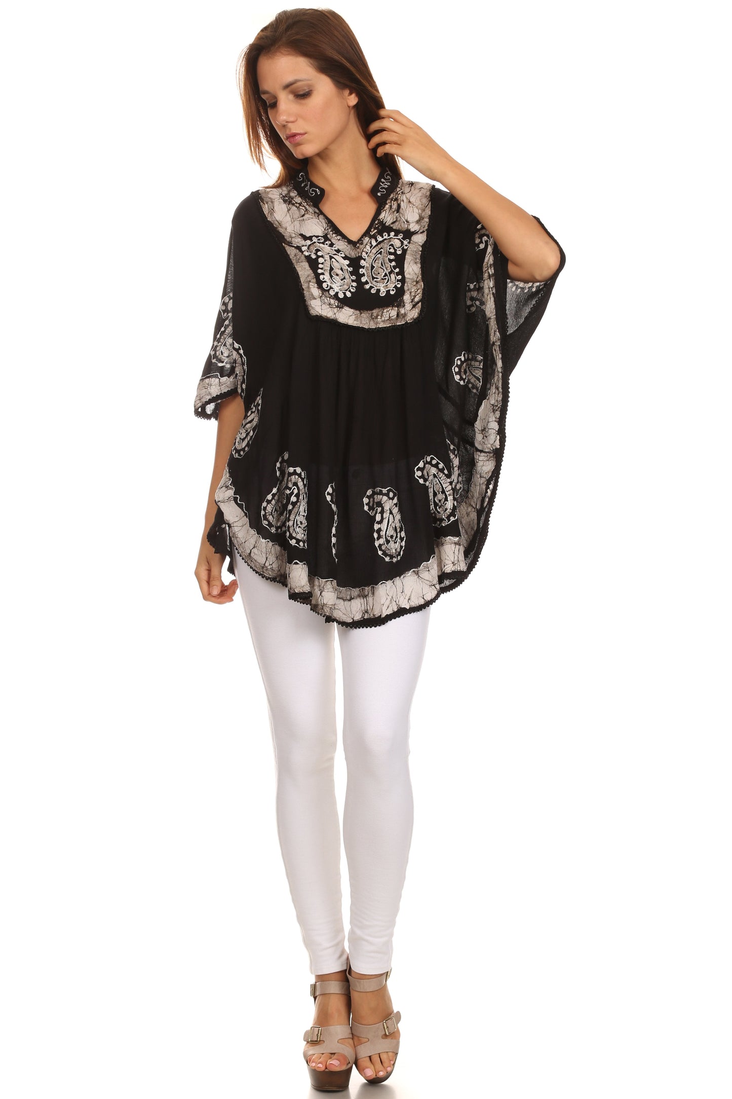 Sakkas Amori V-Neck Embroidery Poncho Top / Cover Up - Concordia Style Boutique