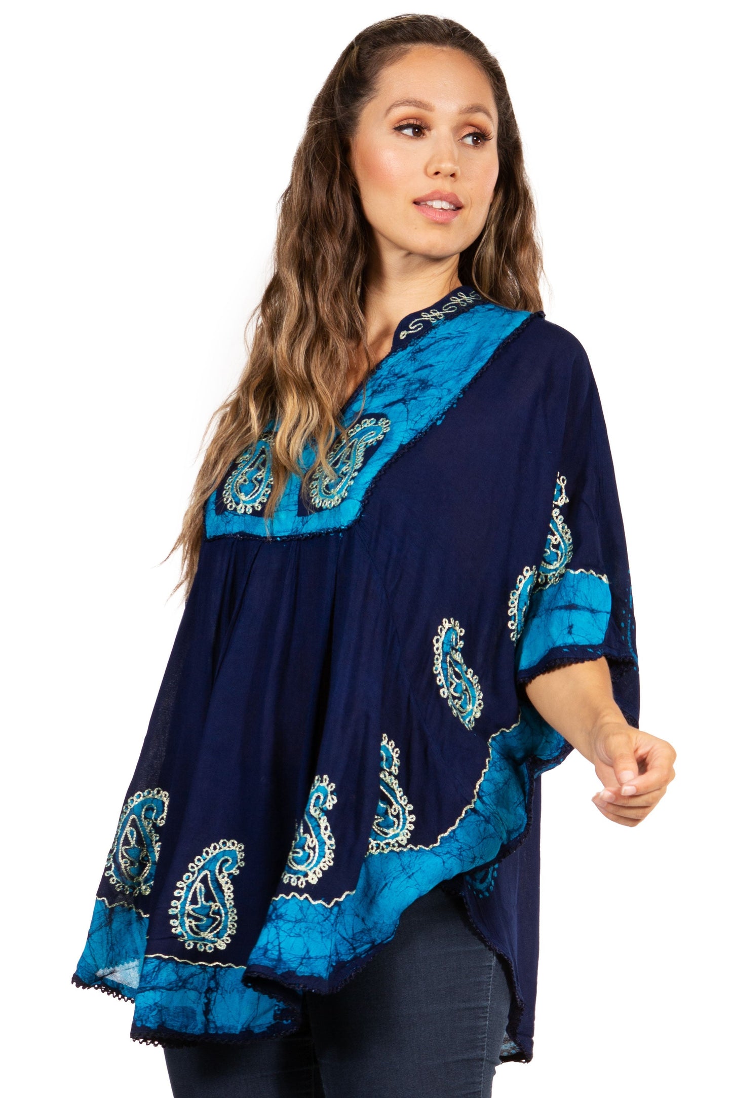 Sakkas Amori V-Neck Embroidery Poncho Top / Cover Up - Concordia Style Boutique