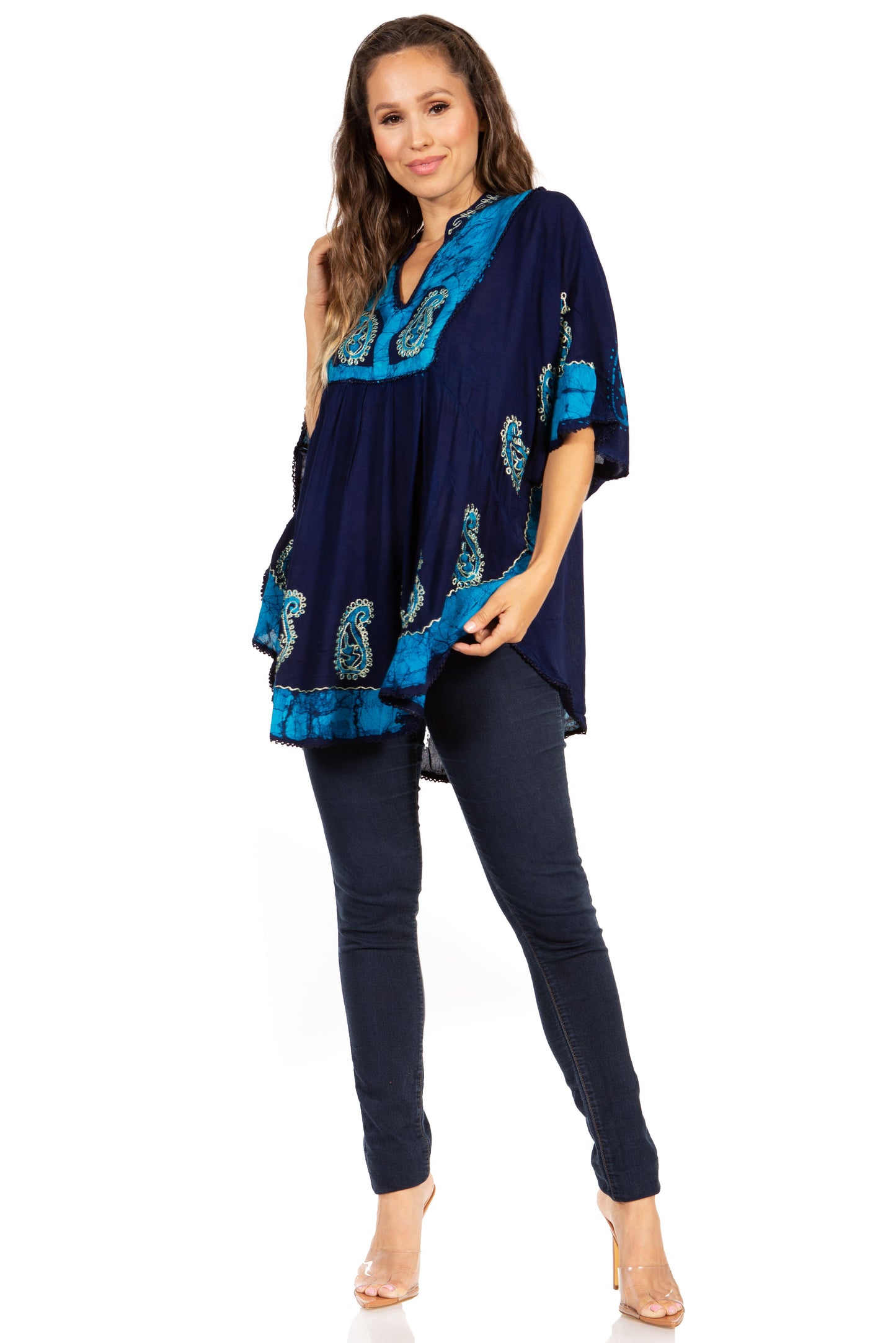 Sakkas Amori V-Neck Embroidery Poncho Top / Cover Up - Concordia Style Boutique