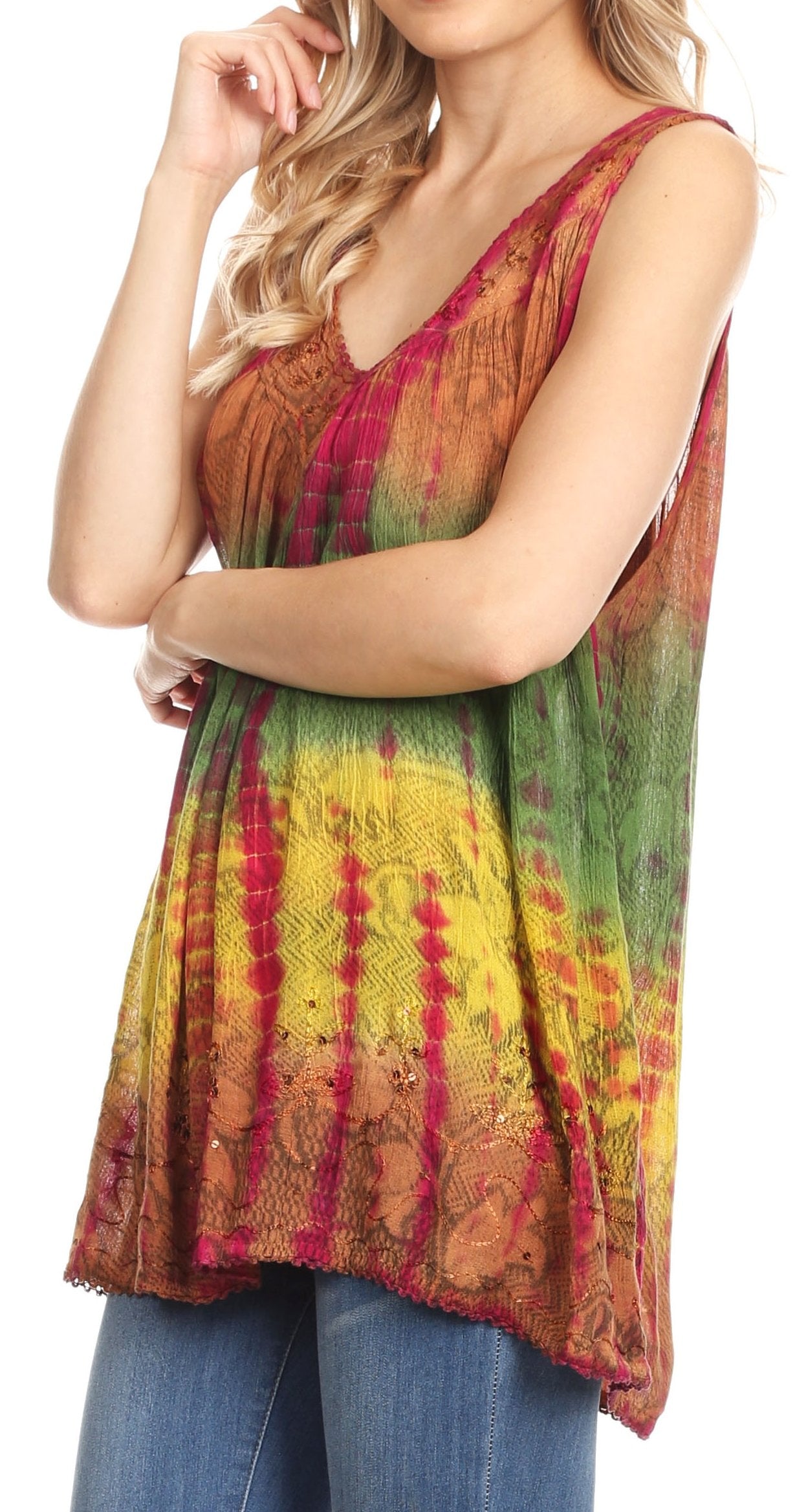 Sakkas Women's Tie Dye Floral Sequin Sleeveless Blouse - Concordia Style Boutique
