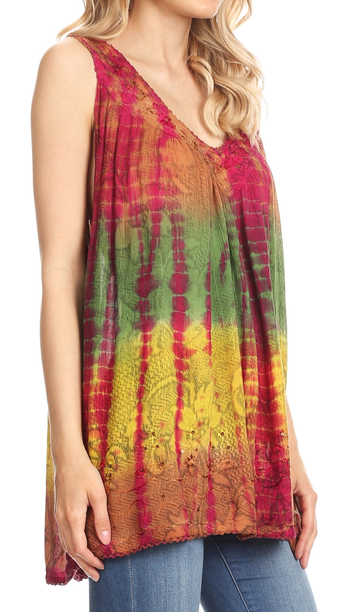 Sakkas Women's Tie Dye Floral Sequin Sleeveless Blouse - Concordia Style Boutique