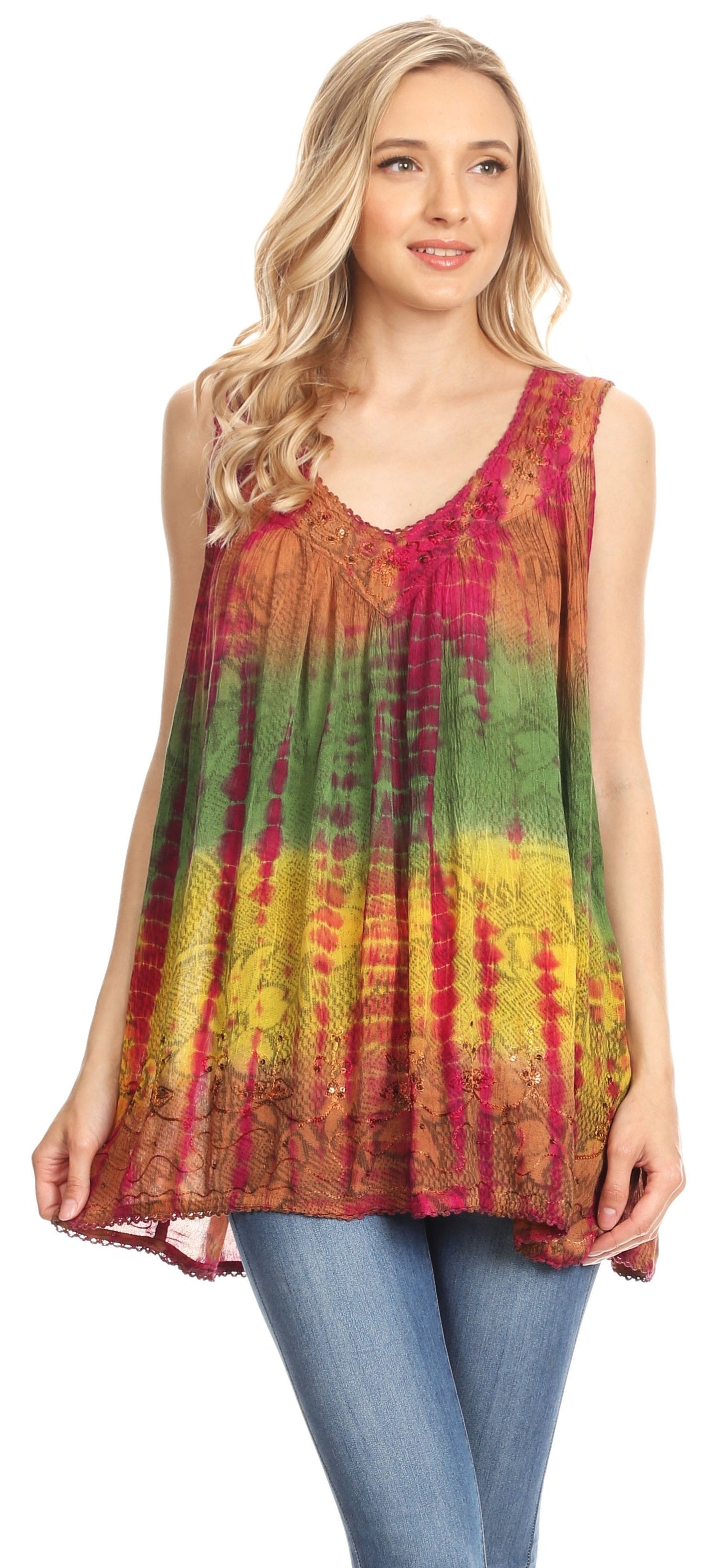 Sakkas Women's Tie Dye Floral Sequin Sleeveless Blouse - Concordia Style Boutique