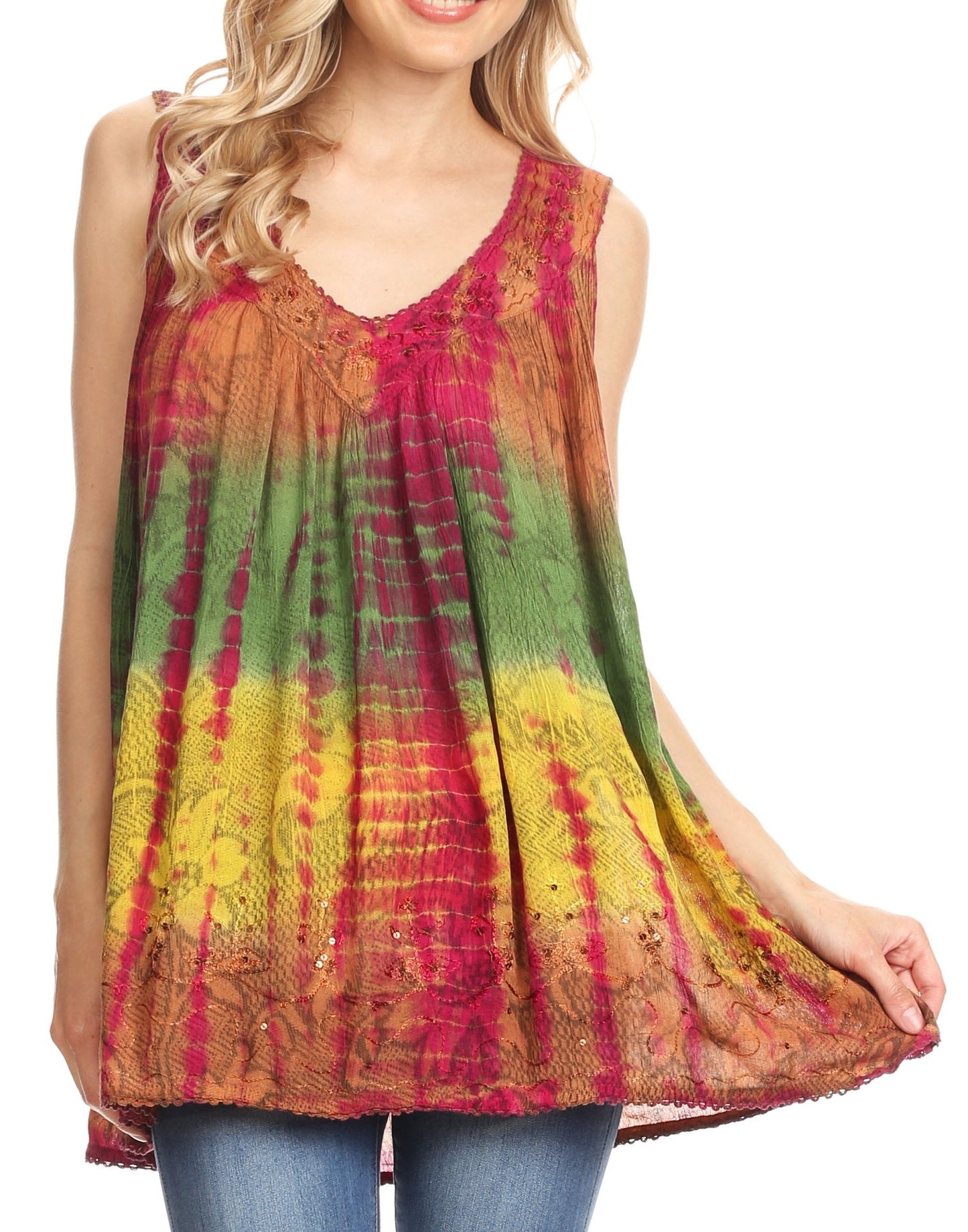 Sakkas Women's Tie Dye Floral Sequin Sleeveless Blouse - Concordia Style Boutique