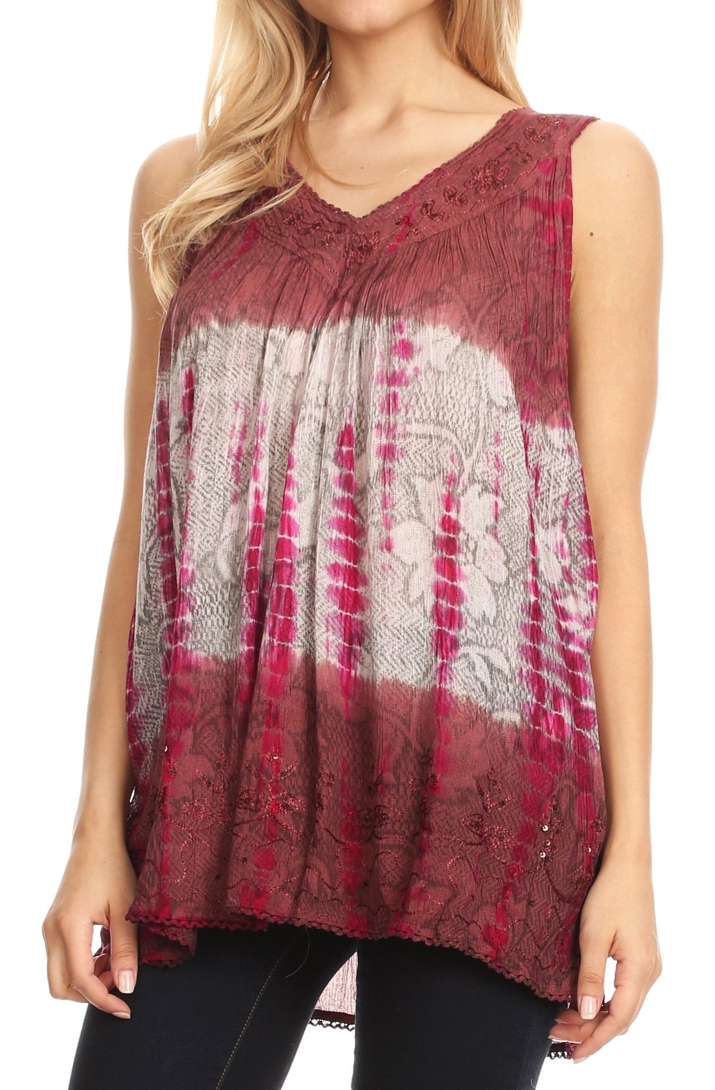 Sakkas Women's Tie Dye Floral Sequin Sleeveless Blouse - Concordia Style Boutique