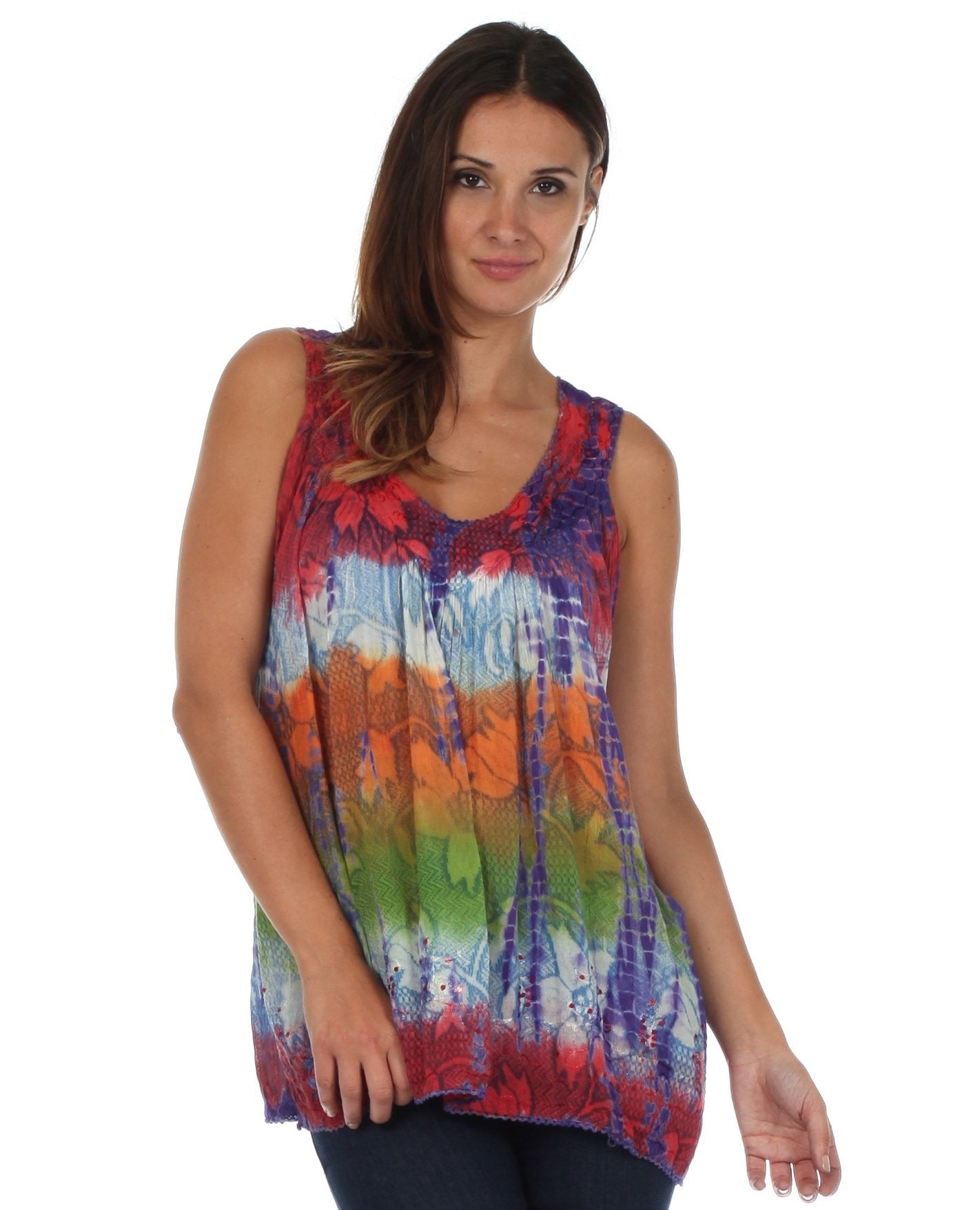 Sakkas Women's Tie Dye Floral Sequin Sleeveless Blouse - Concordia Style Boutique