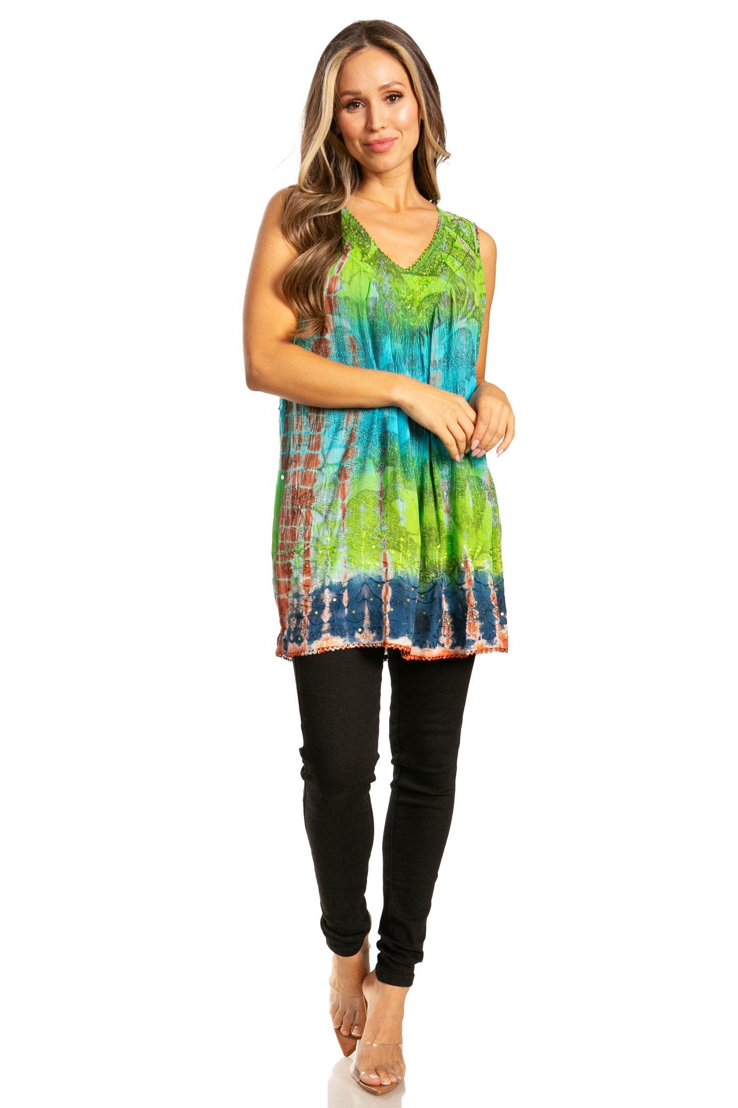 Sakkas Women's Tie Dye Floral Sequin Sleeveless Blouse - Concordia Style Boutique