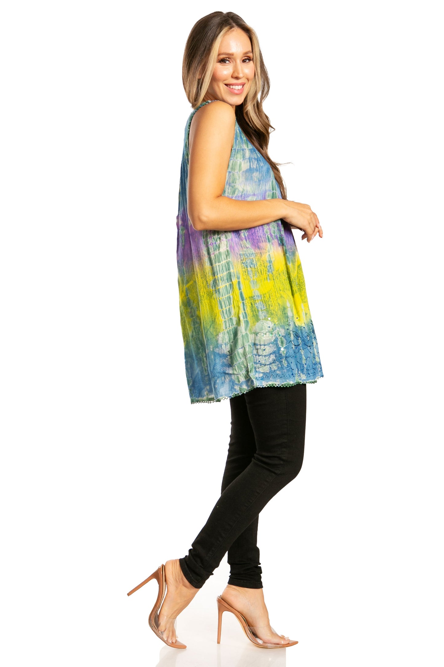 Sakkas Women's Tie Dye Floral Sequin Sleeveless Blouse - Concordia Style Boutique