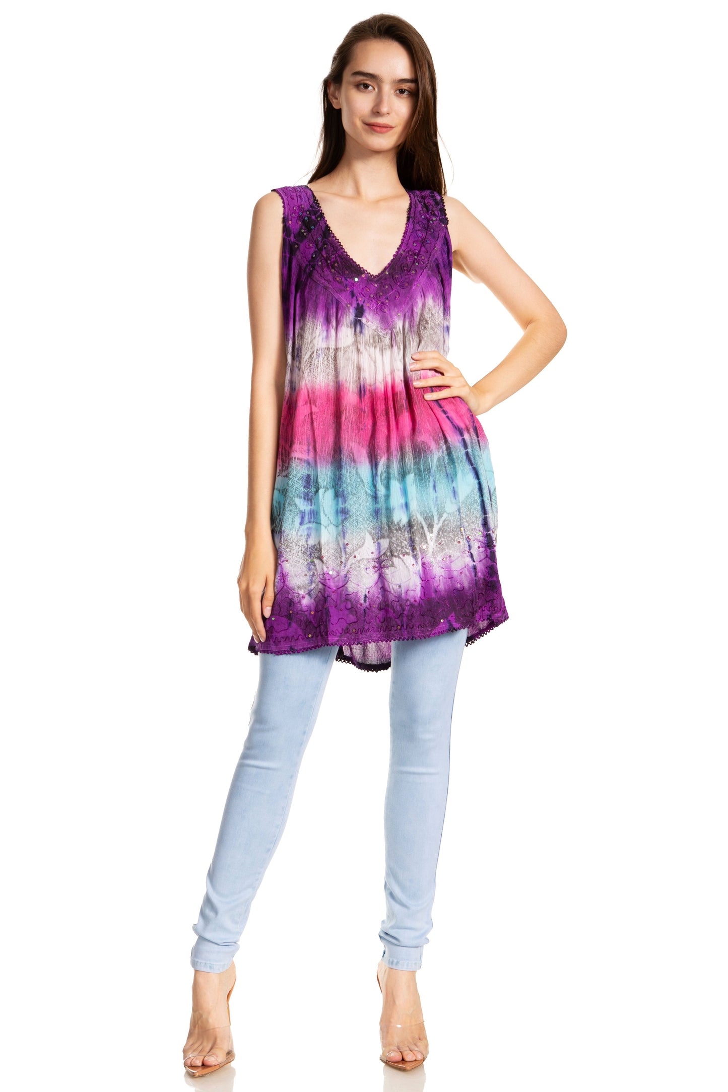 Sakkas Women's Tie Dye Floral Sequin Sleeveless Blouse - Concordia Style Boutique