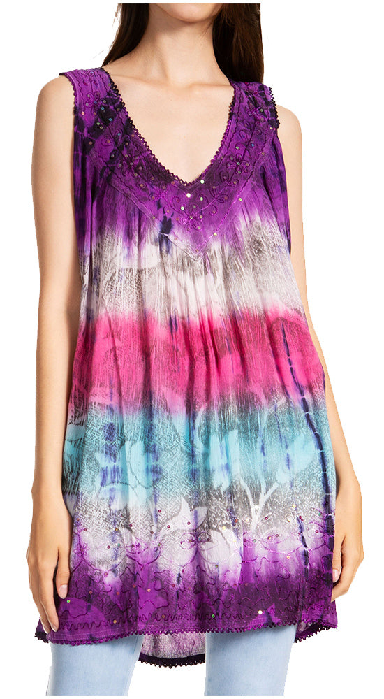 Sakkas Women's Tie Dye Floral Sequin Sleeveless Blouse - Concordia Style Boutique