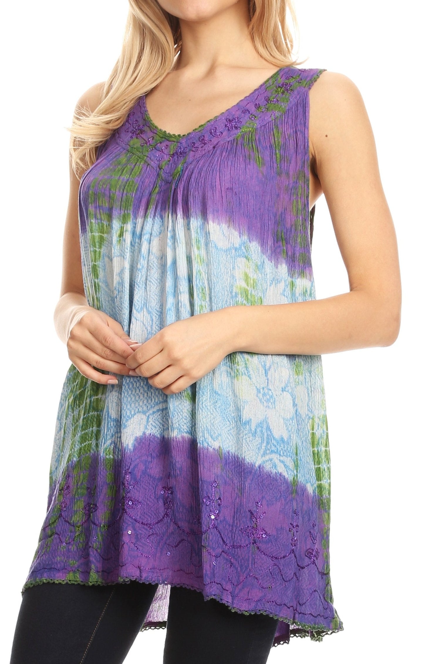 Sakkas Women's Tie Dye Floral Sequin Sleeveless Blouse - Concordia Style Boutique