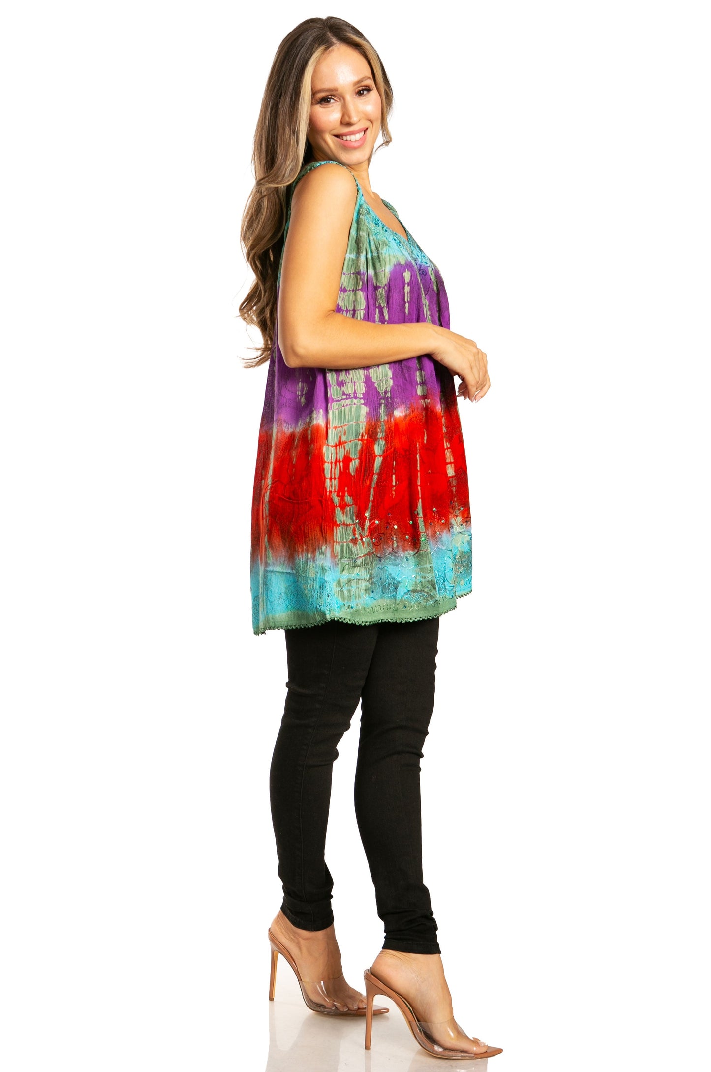 Sakkas Women's Tie Dye Floral Sequin Sleeveless Blouse - Concordia Style Boutique