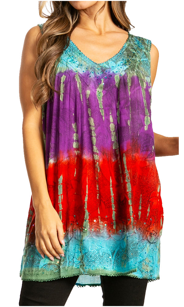 Sakkas Women's Tie Dye Floral Sequin Sleeveless Blouse - Concordia Style Boutique