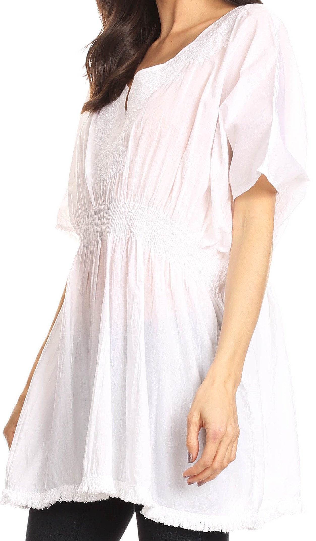 Sakkas Octavia Smocked Dolman Sleeve Fringe Blouse with Split Neck and Embroidery - Concordia Style Boutique