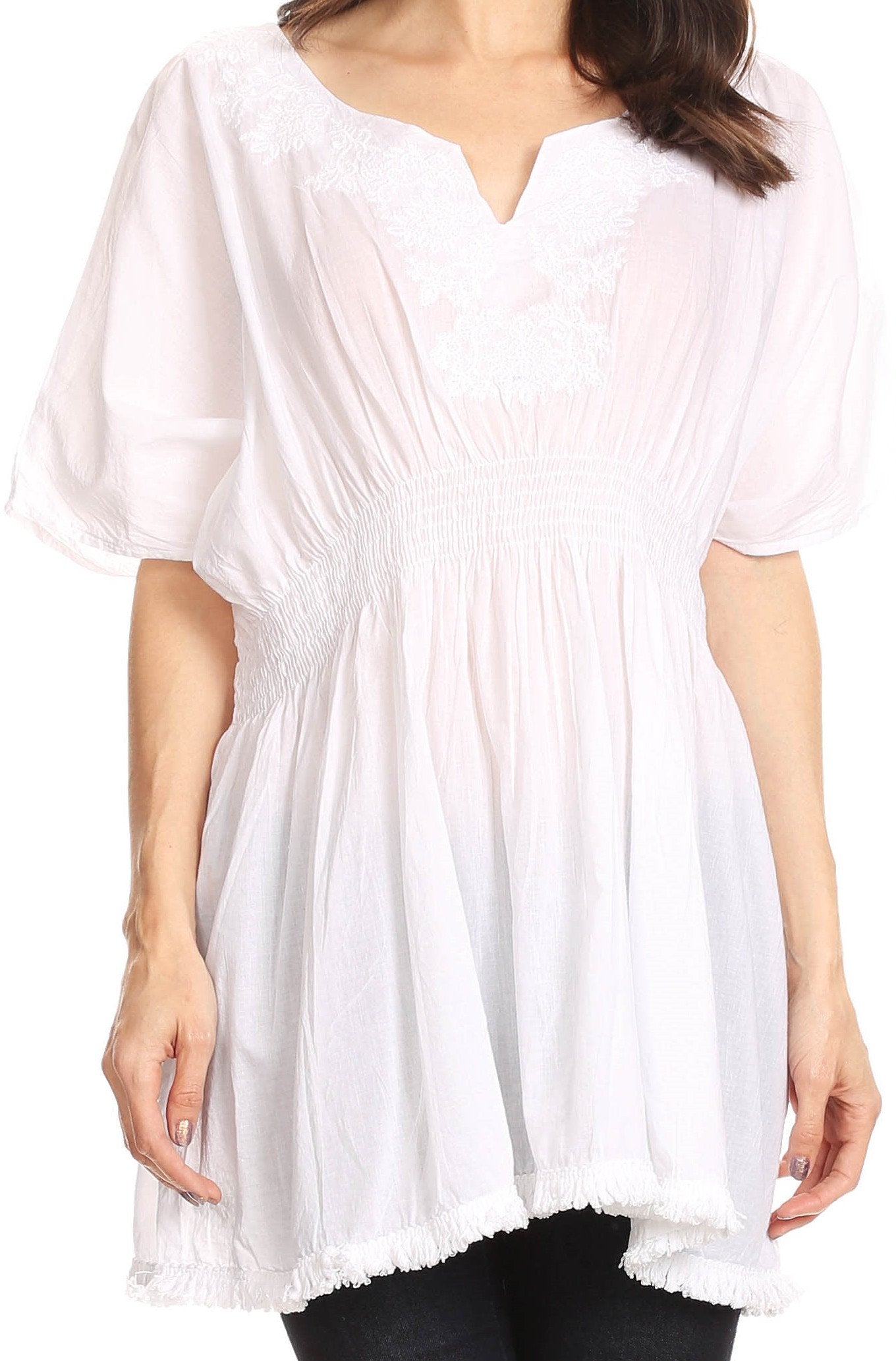 Sakkas Octavia Smocked Dolman Sleeve Fringe Blouse with Split Neck and Embroidery - Concordia Style Boutique