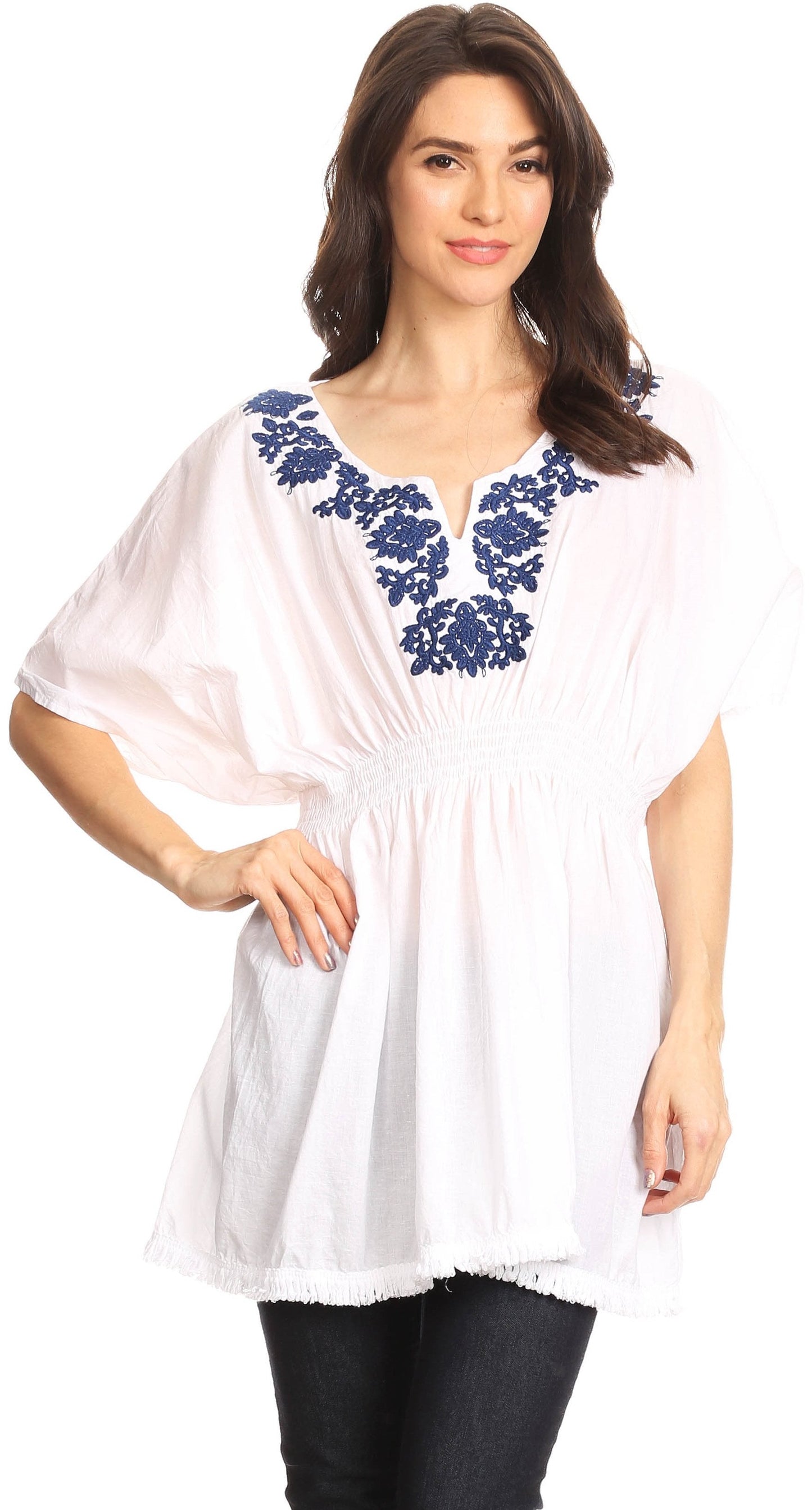 Sakkas Octavia Smocked Dolman Sleeve Fringe Blouse with Split Neck and Embroidery - Concordia Style Boutique