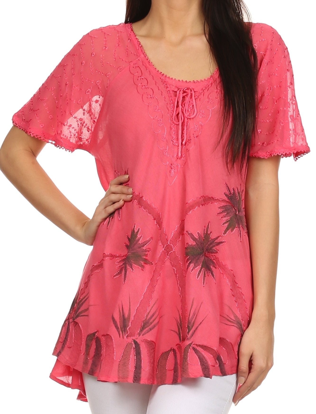 Sakkas Albina Island Relaxed Fit Embroidery Cap Sleeves Blouse / Top - Concordia Style Boutique