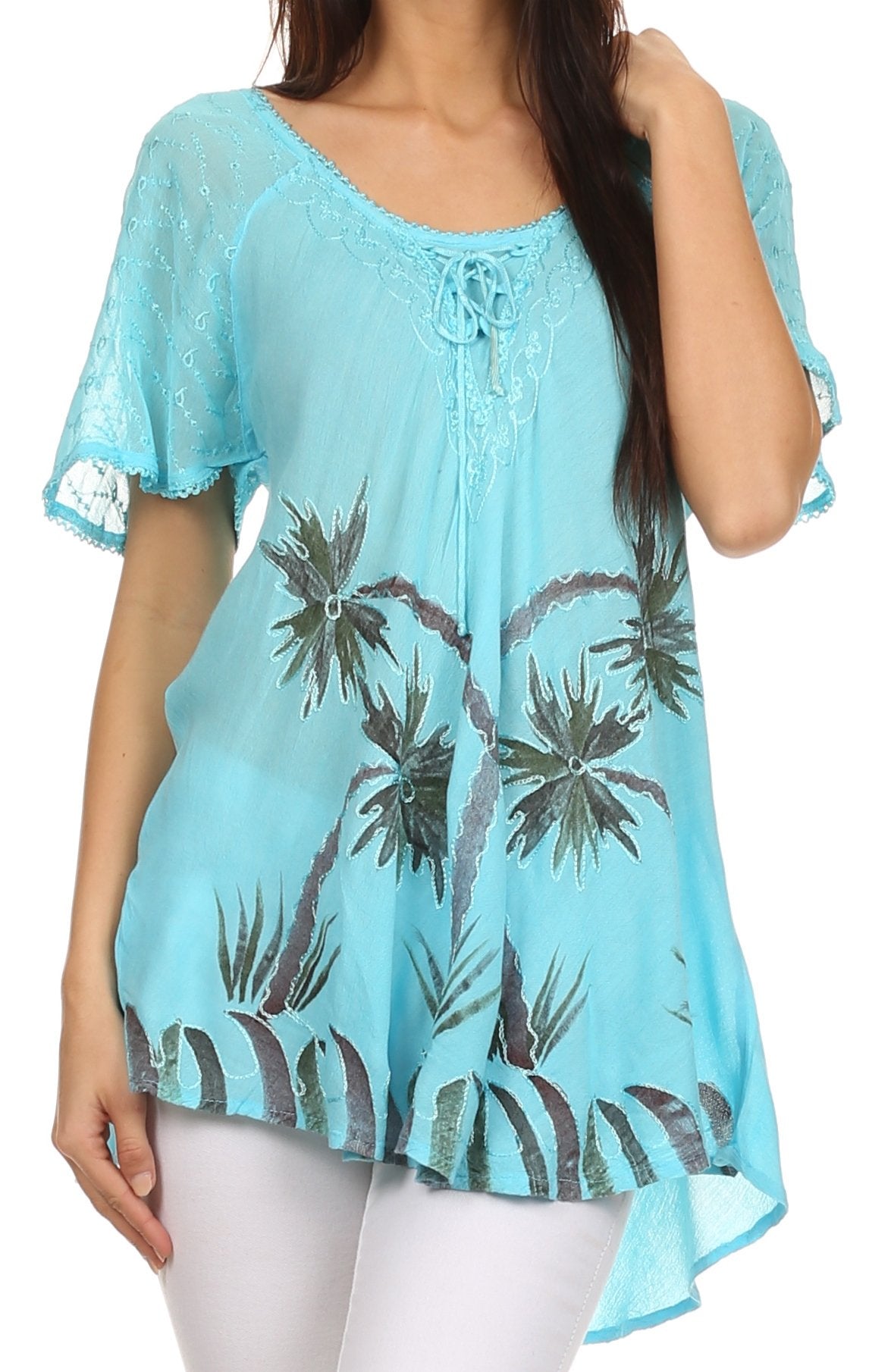 Sakkas Albina Island Relaxed Fit Embroidery Cap Sleeves Blouse / Top - Concordia Style Boutique
