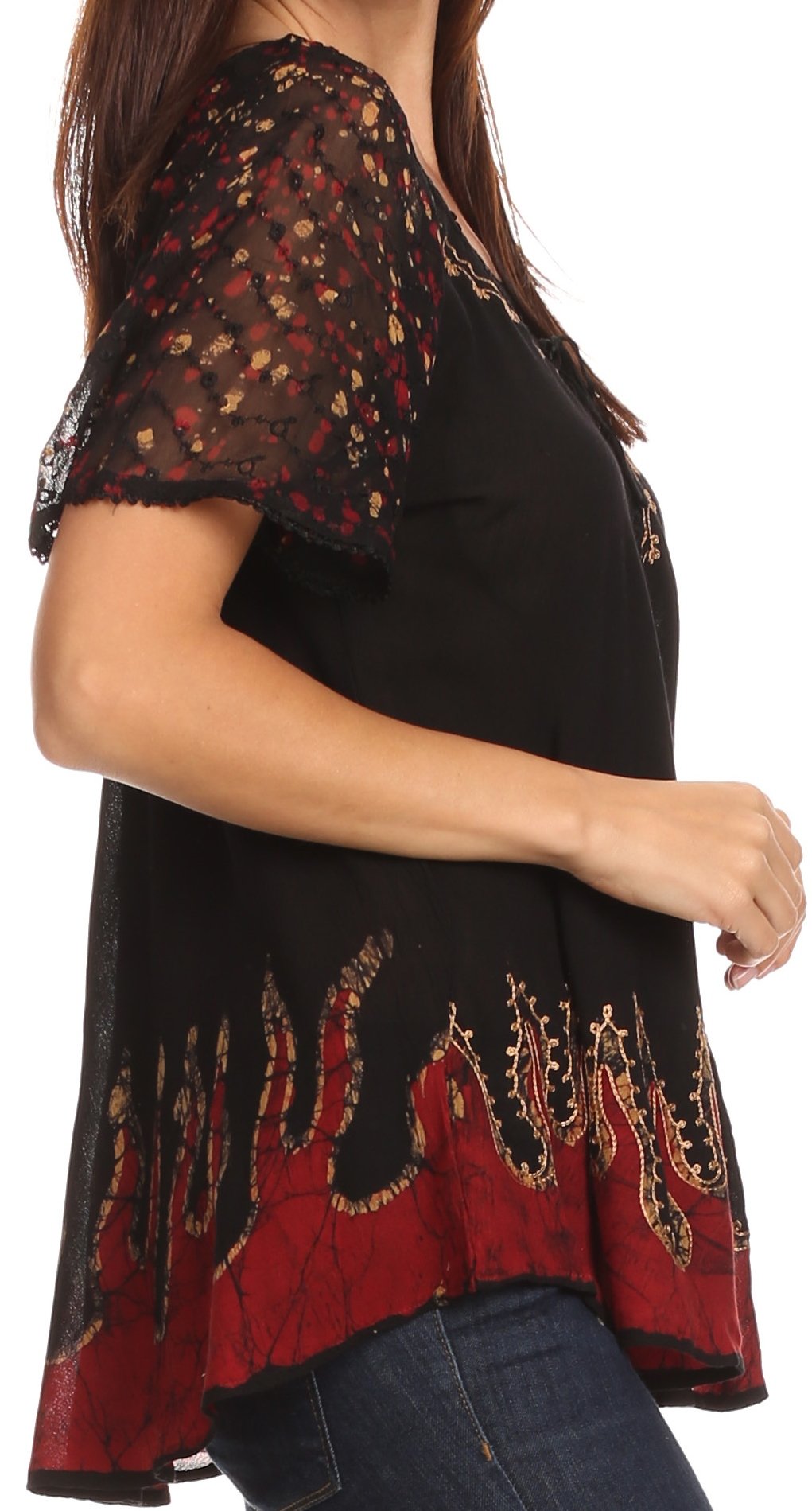 Sakkas Cora Relaxed Fit Batik Design Embroidery Cap Sleeves Blouse / Top - Concordia Style Boutique