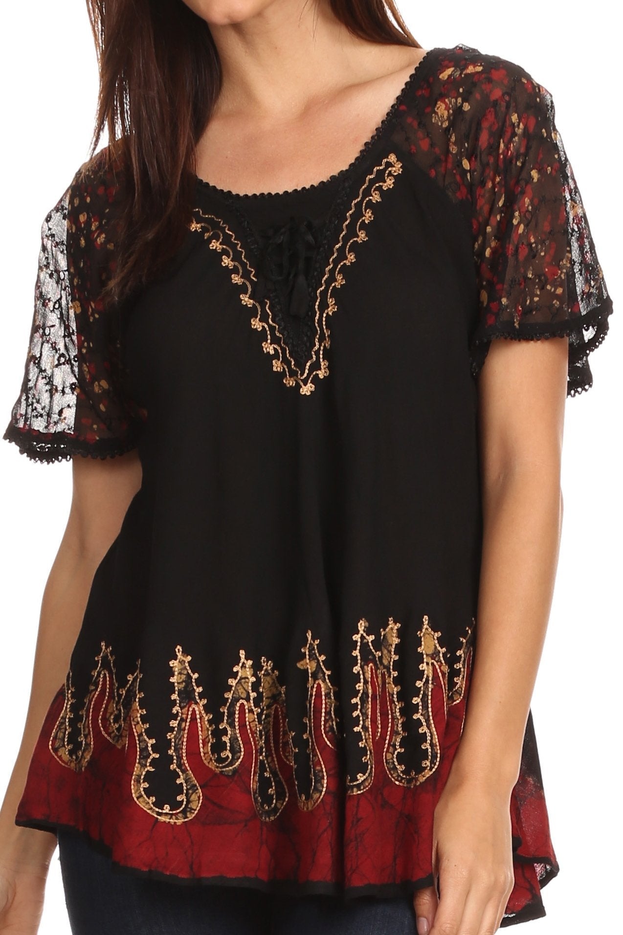 Sakkas Cora Relaxed Fit Batik Design Embroidery Cap Sleeves Blouse / Top - Concordia Style Boutique