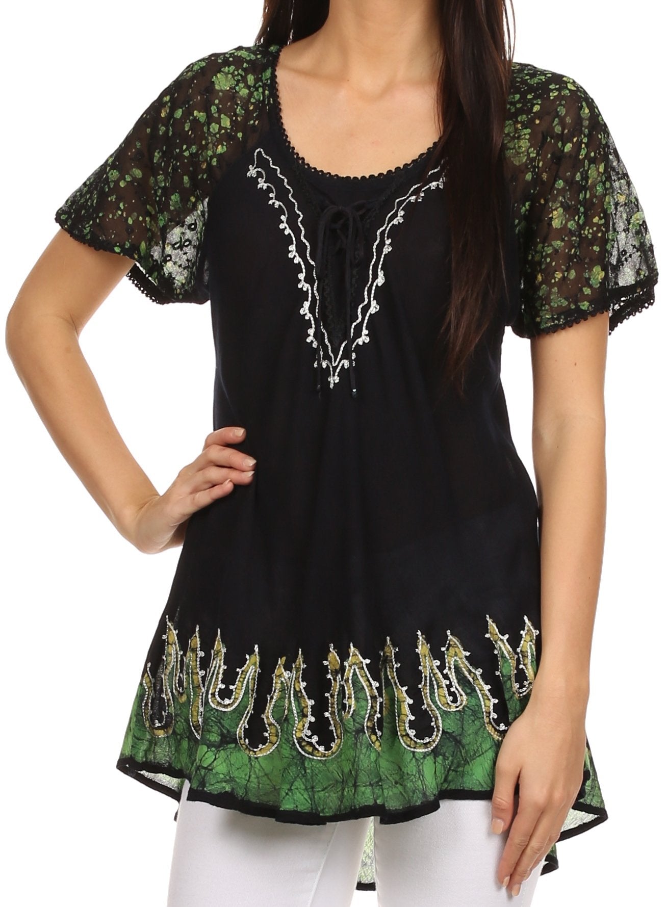 Sakkas Cora Relaxed Fit Batik Design Embroidery Cap Sleeves Blouse / Top - Concordia Style Boutique