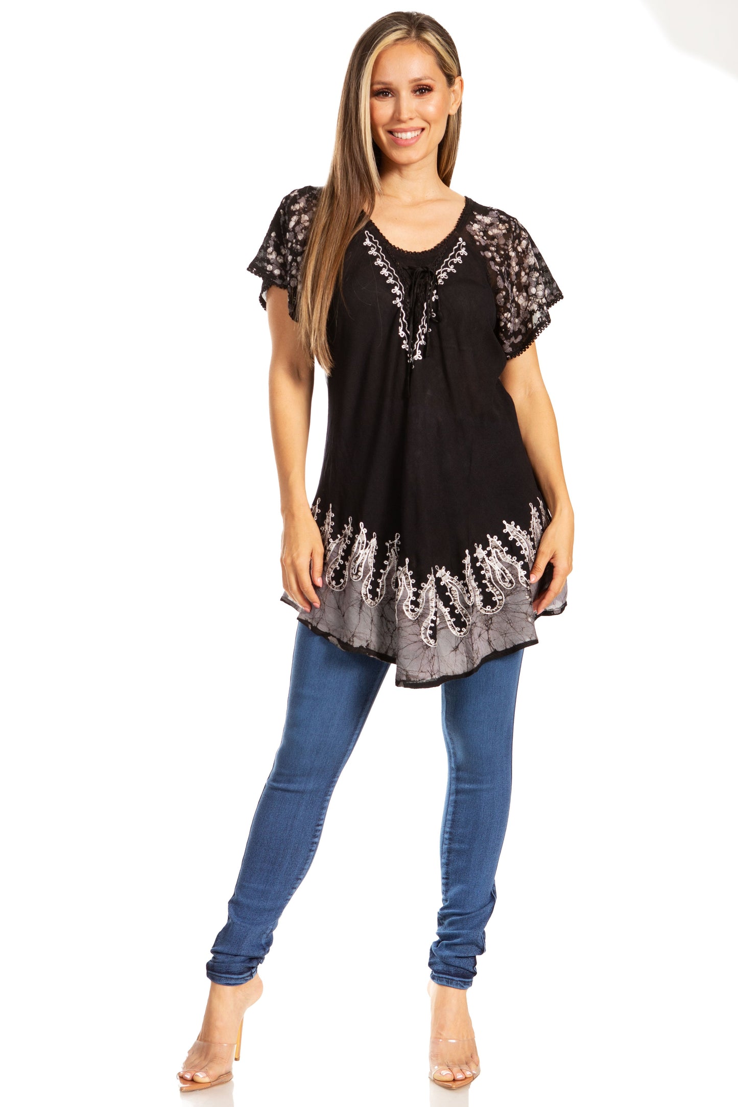 Sakkas Cora Relaxed Fit Batik Design Embroidery Cap Sleeves Blouse / Top - Concordia Style Boutique