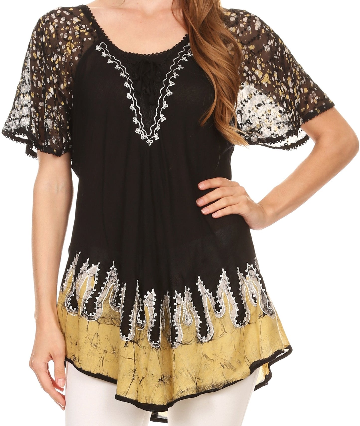 Sakkas Cora Relaxed Fit Batik Design Embroidery Cap Sleeves Blouse / Top - Concordia Style Boutique
