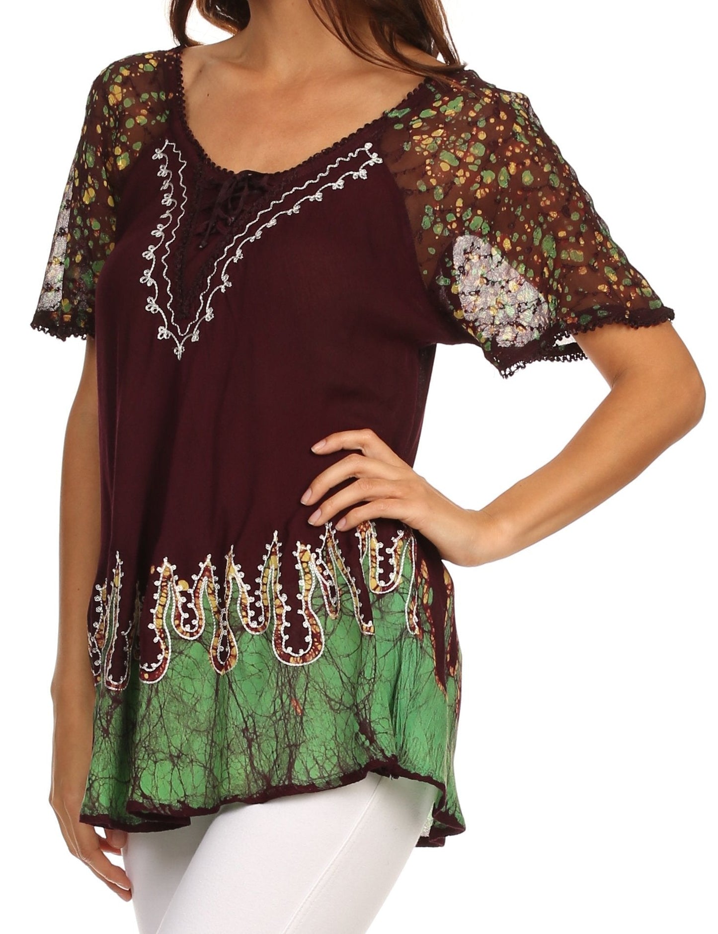 Sakkas Cora Relaxed Fit Batik Design Embroidery Cap Sleeves Blouse / Top - Concordia Style Boutique