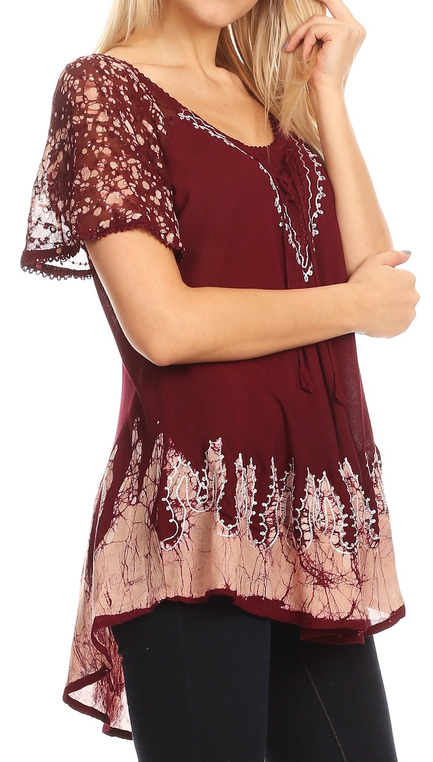 Sakkas Cora Relaxed Fit Batik Design Embroidery Cap Sleeves Blouse / Top - Concordia Style Boutique