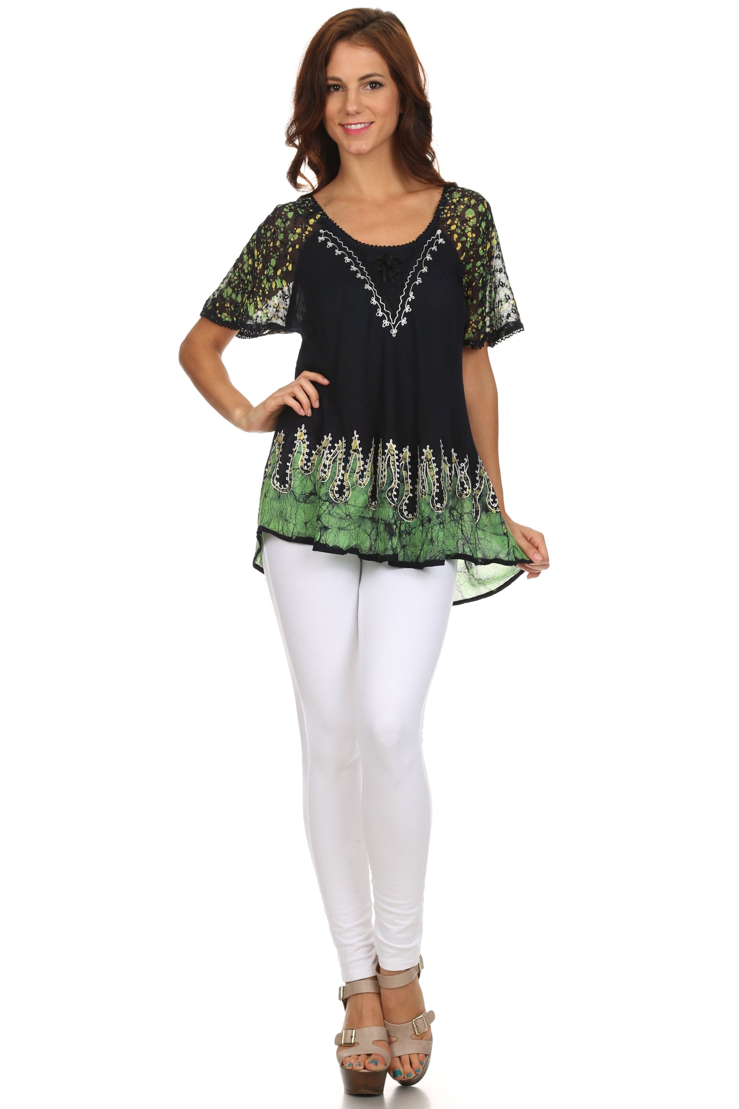 Sakkas Cora Relaxed Fit Batik Design Embroidery Cap Sleeves Blouse / Top - Concordia Style Boutique
