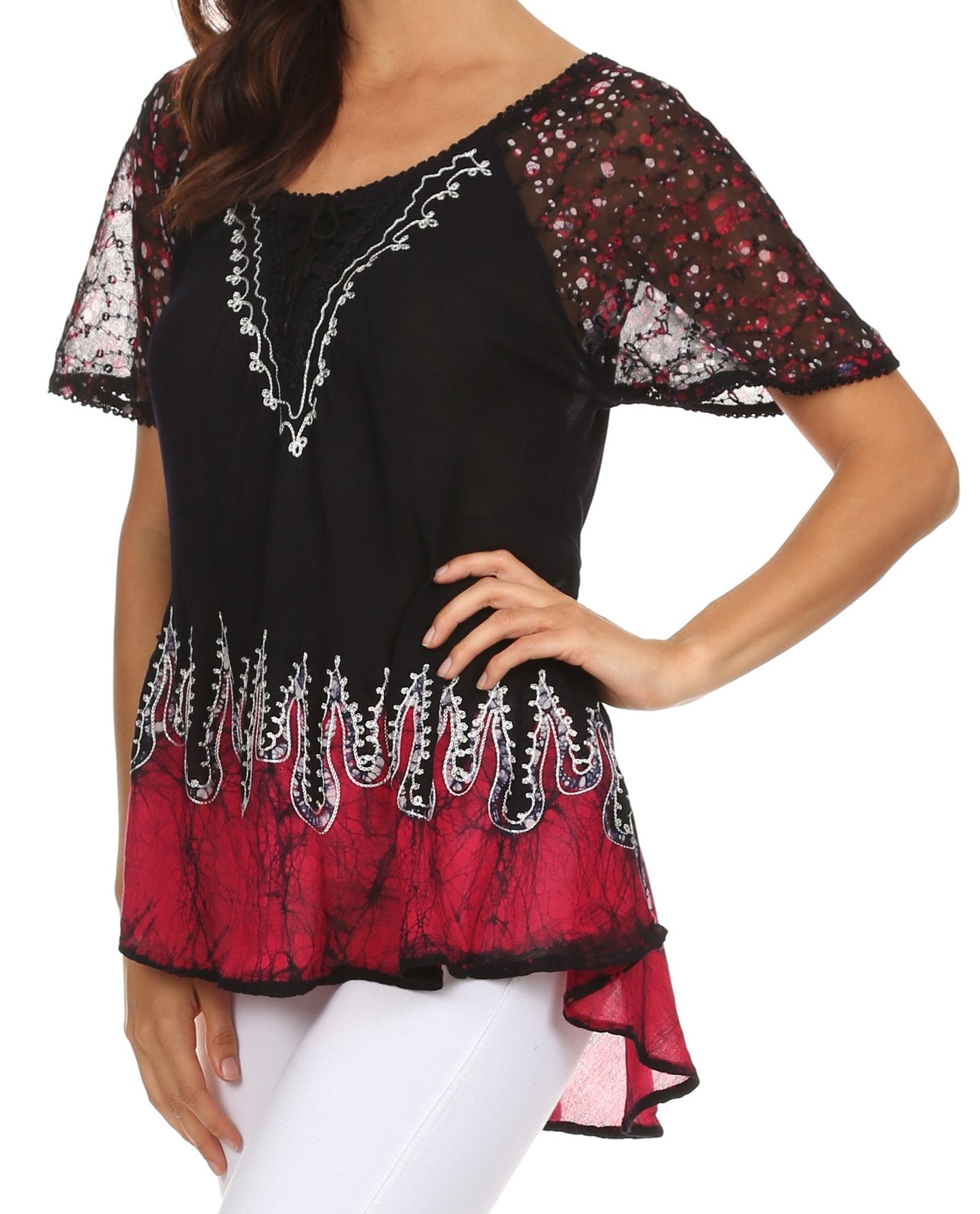 Sakkas Cora Relaxed Fit Batik Design Embroidery Cap Sleeves Blouse / Top - Concordia Style Boutique