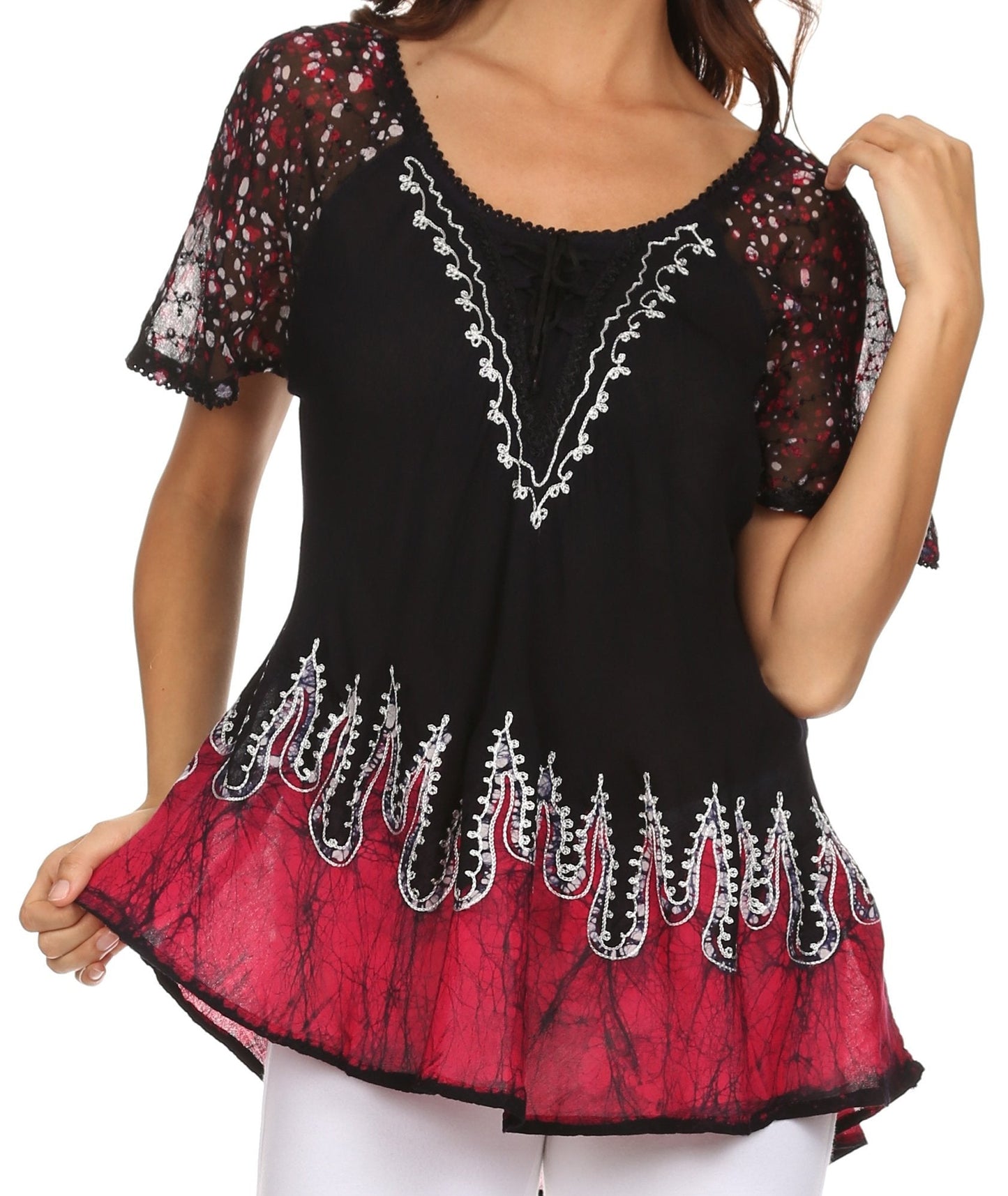Sakkas Cora Relaxed Fit Batik Design Embroidery Cap Sleeves Blouse / Top - Concordia Style Boutique