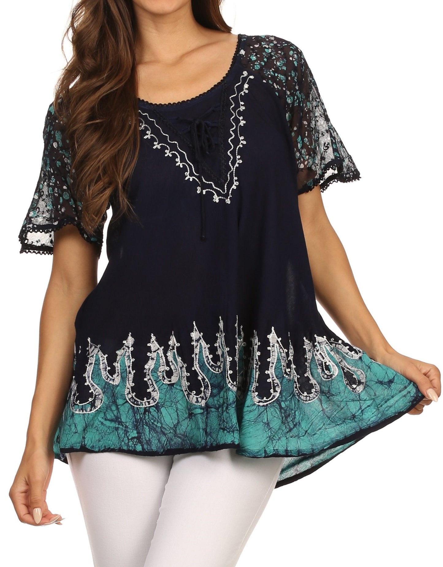 Sakkas Cora Relaxed Fit Batik Design Embroidery Cap Sleeves Blouse / Top - Concordia Style Boutique