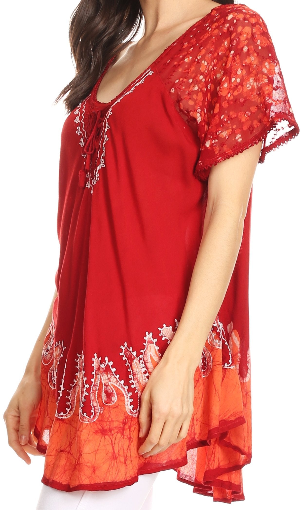 Sakkas Cora Relaxed Fit Batik Design Embroidery Cap Sleeves Blouse / Top - Concordia Style Boutique