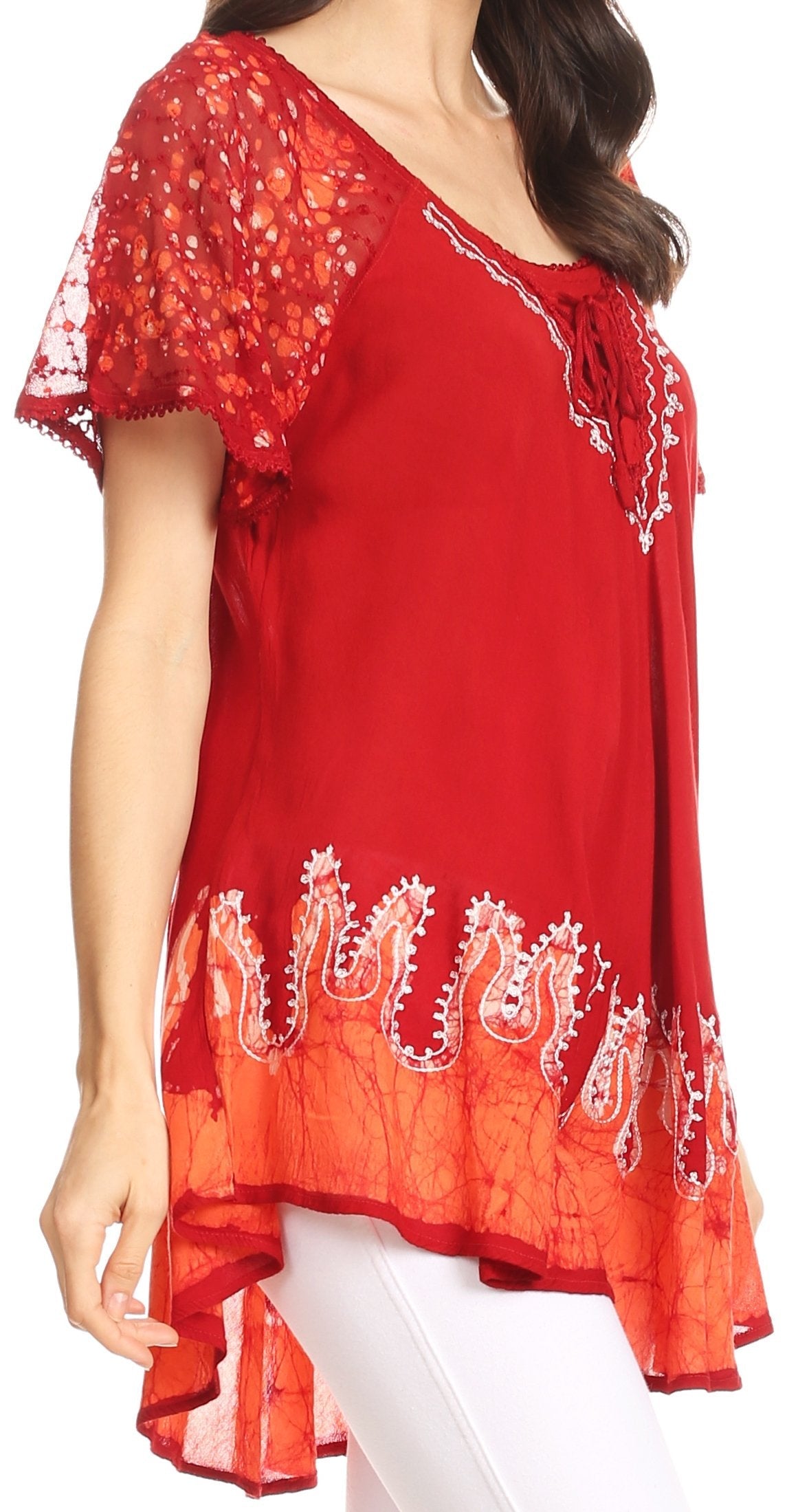 Sakkas Cora Relaxed Fit Batik Design Embroidery Cap Sleeves Blouse / Top - Concordia Style Boutique