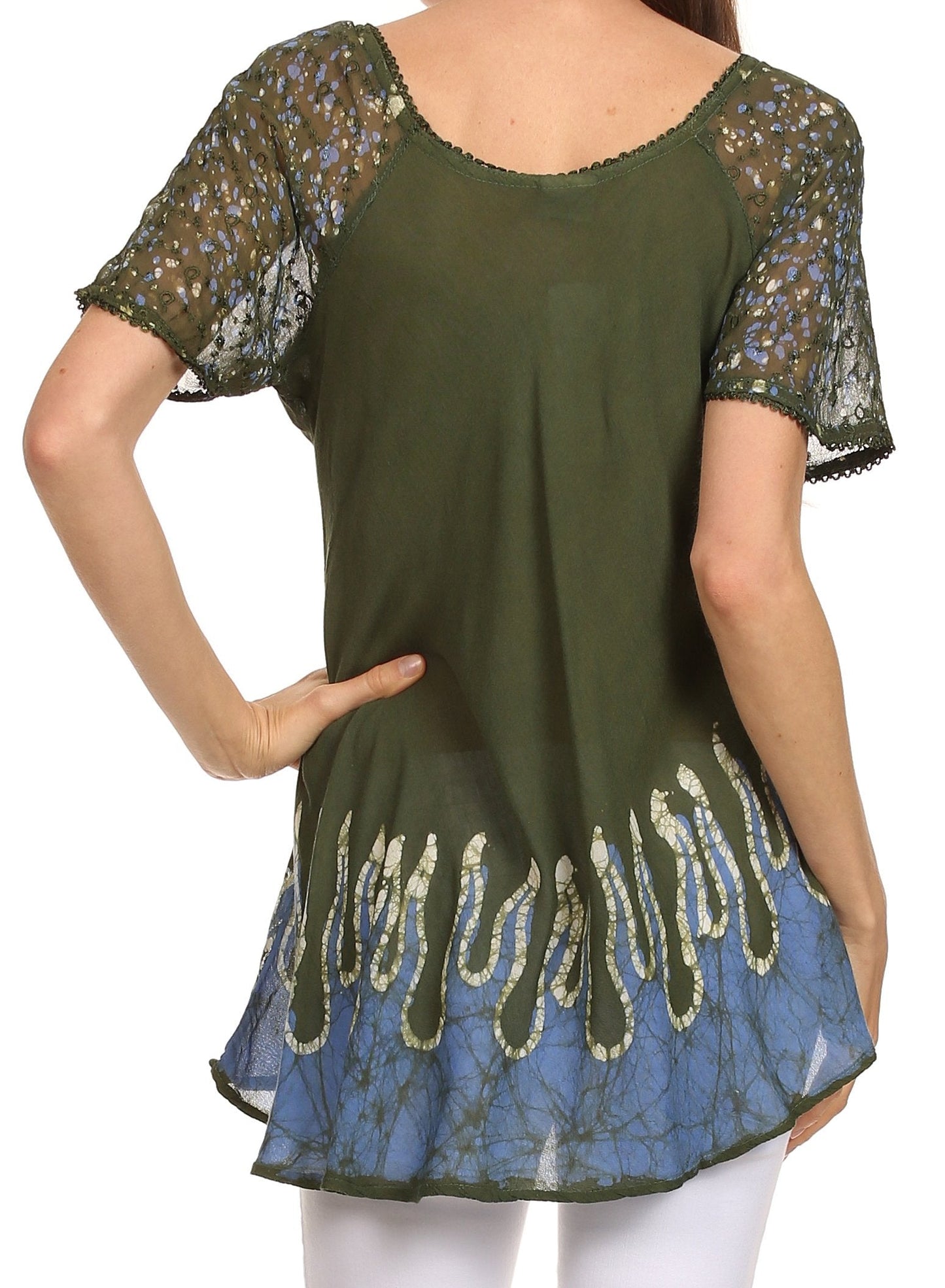 Sakkas Cora Relaxed Fit Batik Design Embroidery Cap Sleeves Blouse / Top - Concordia Style Boutique