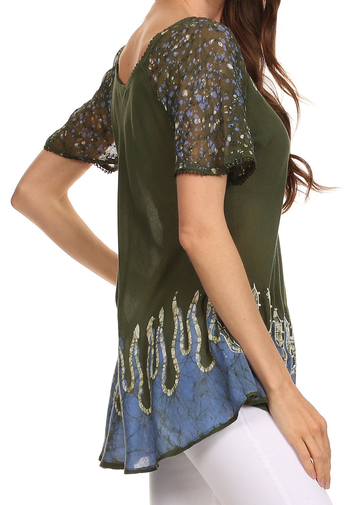 Sakkas Cora Relaxed Fit Batik Design Embroidery Cap Sleeves Blouse / Top - Concordia Style Boutique