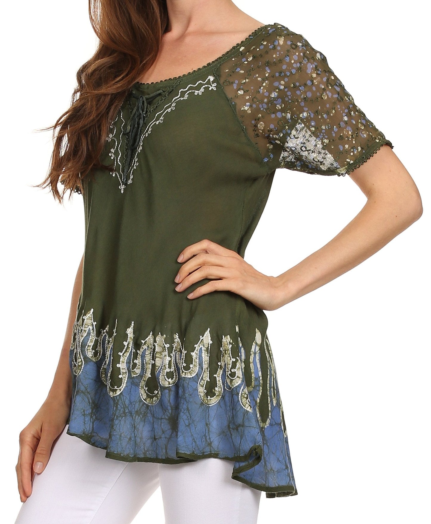 Sakkas Cora Relaxed Fit Batik Design Embroidery Cap Sleeves Blouse / Top - Concordia Style Boutique