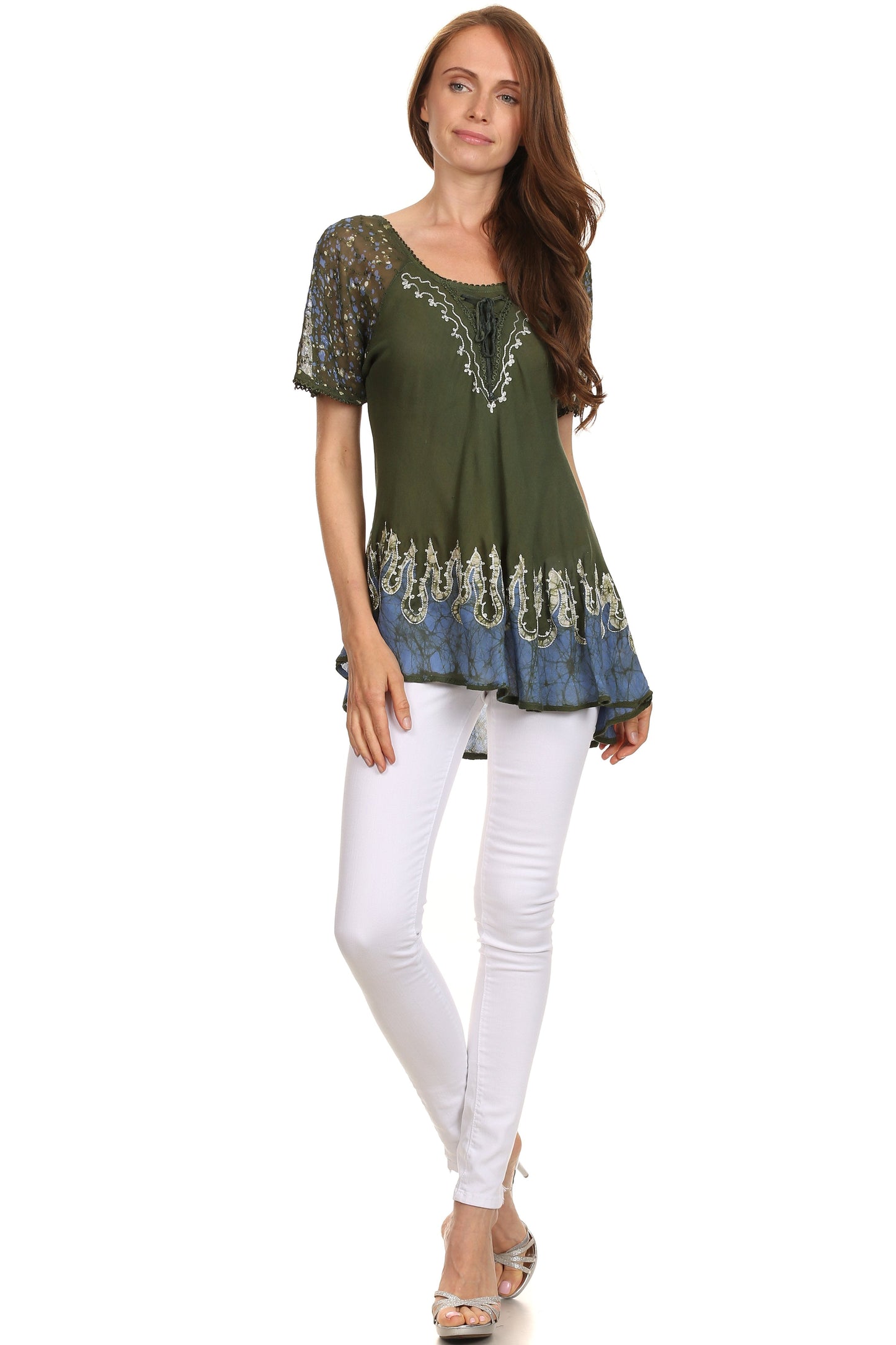 Sakkas Cora Relaxed Fit Batik Design Embroidery Cap Sleeves Blouse / Top - Concordia Style Boutique