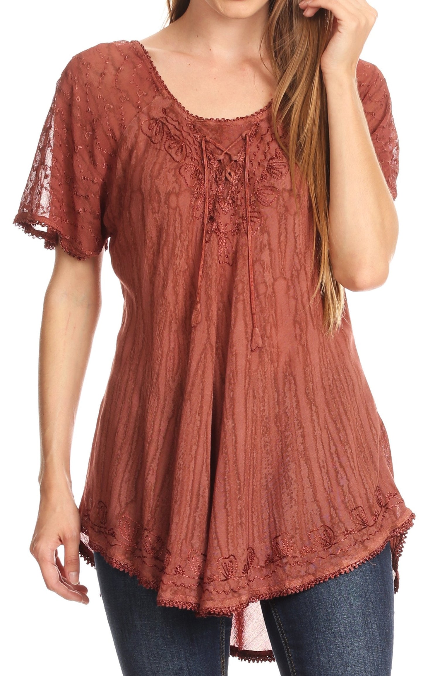 Sakkas Zoya Marbled Embroidery Cap Sleeves Blouse / Top - Concordia Style Boutique