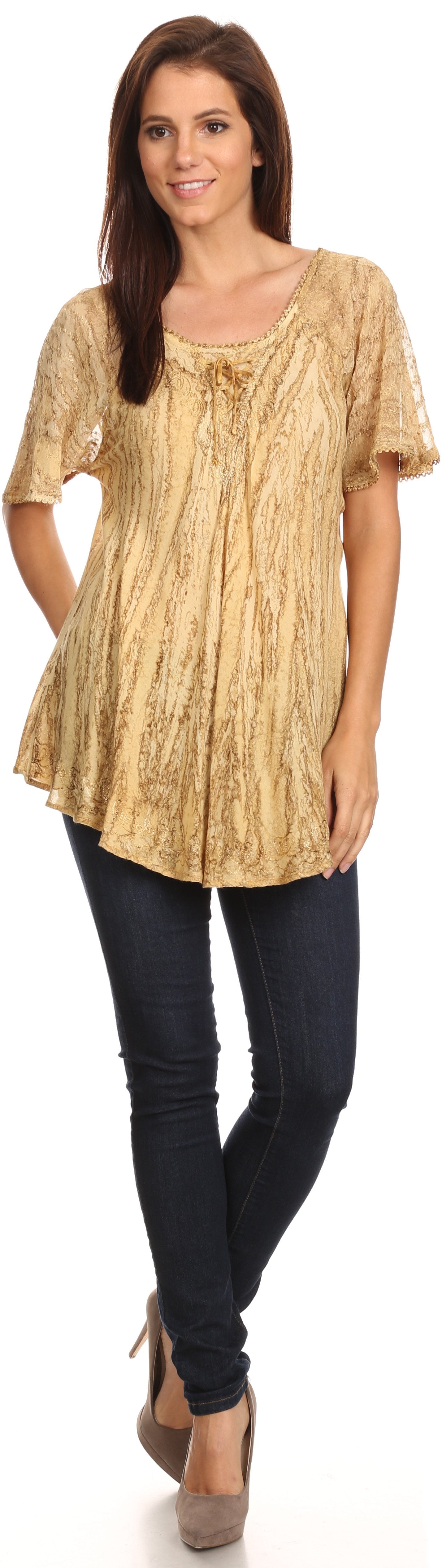 Sakkas Zoya Marbled Embroidery Cap Sleeves Blouse / Top - Concordia Style Boutique